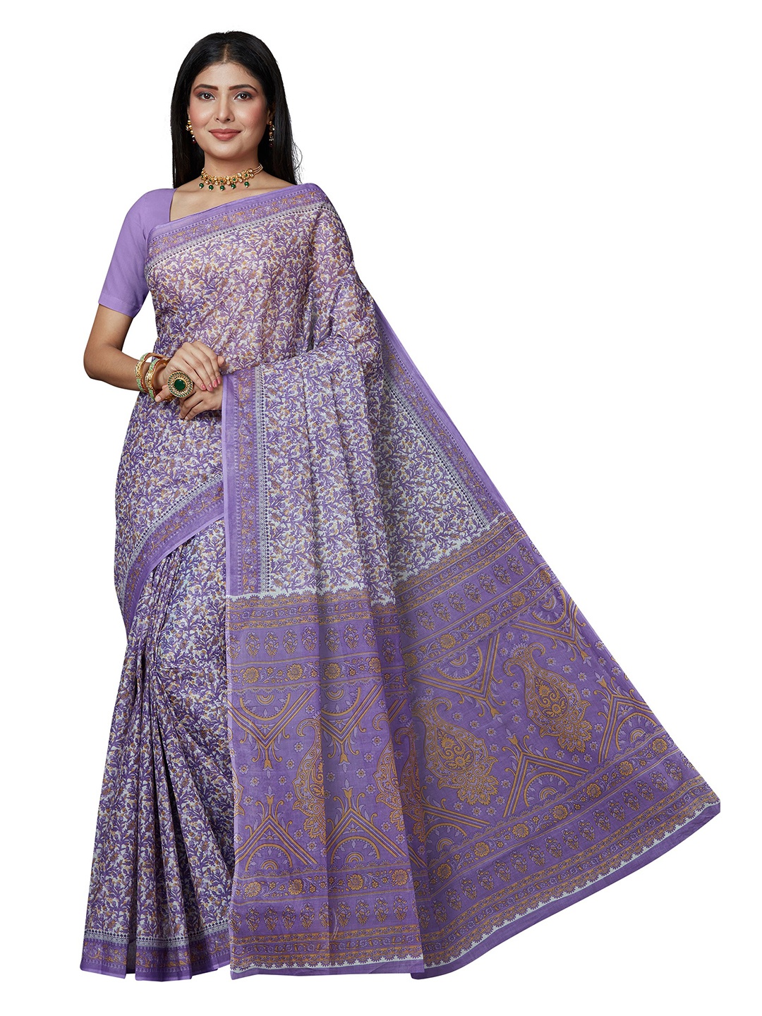 

SHANVIKA Lavender & White Floral Pure Cotton Block Print Saree