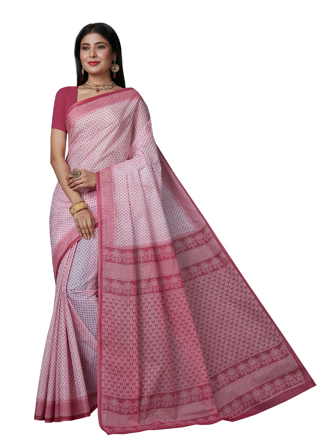 

SHANVIKA Pink & White Ethnic Motifs Pure Cotton Block Print Saree