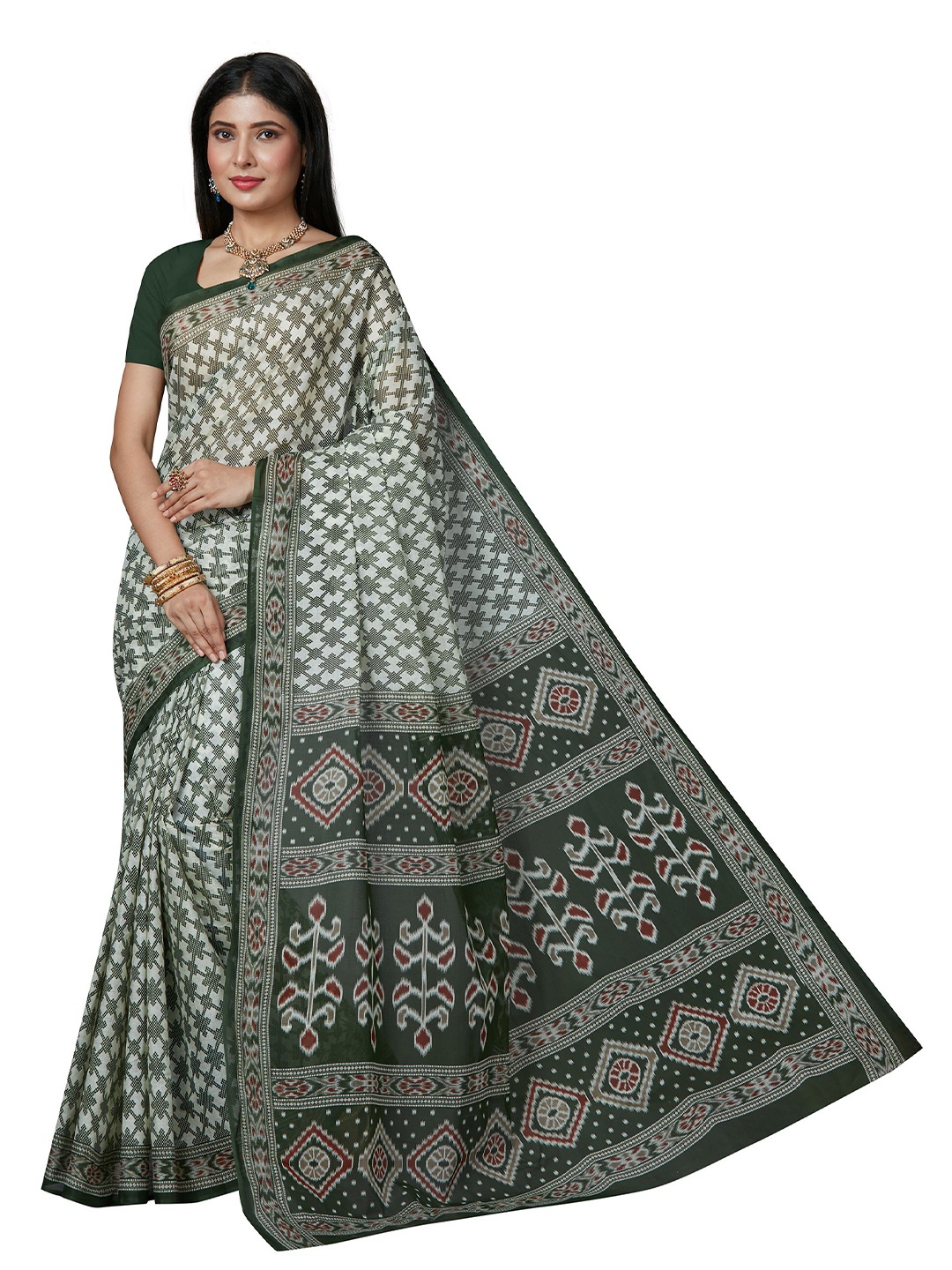 

SHANVIKA White & Green Checked Pure Cotton Block Print Saree