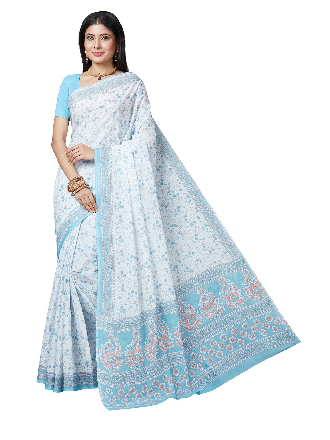 

SHANVIKA White & Blue Floral Pure Cotton Block Print Saree