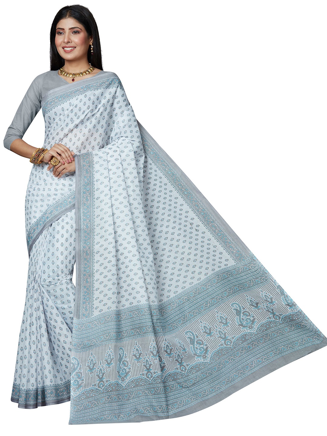 

SHANVIKA White & Grey Ethnic Motifs Pure Cotton Block Print Saree