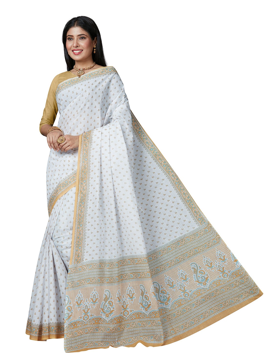 

SHANVIKA White & Beige Ethnic Motifs Pure Cotton Block Print Saree