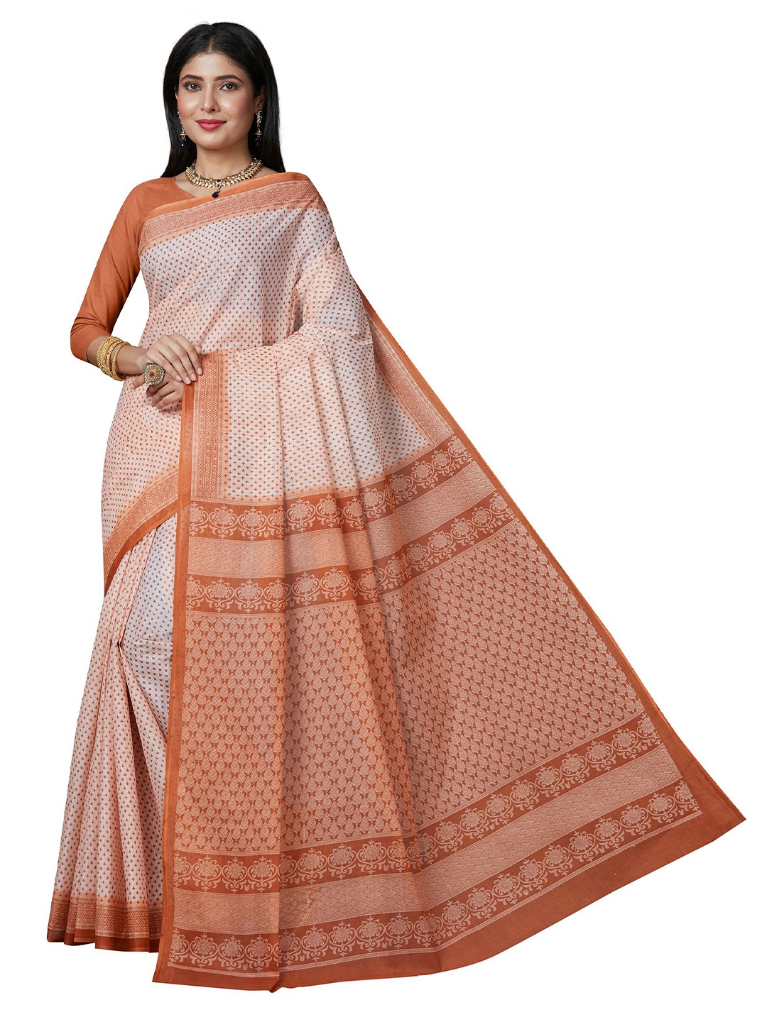 

SHANVIKA Rust & Cream-Coloured Ethnic Motifs Pure Cotton Block Print Saree