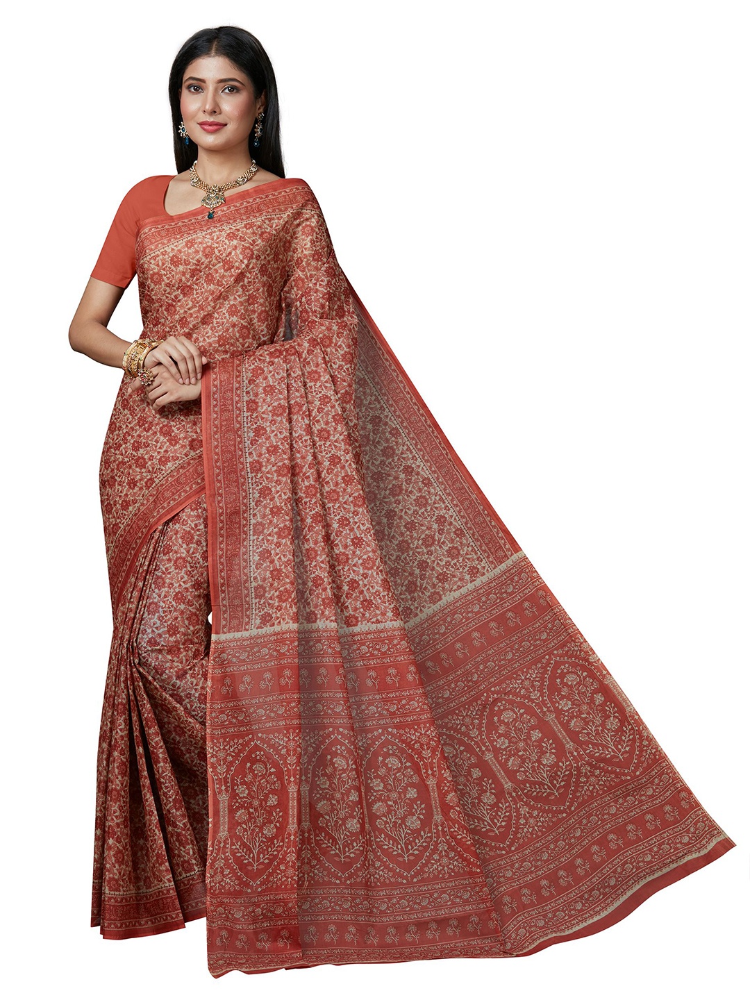 

SHANVIKA Rust & Cream-Coloured Floral Pure Cotton Block Print Saree