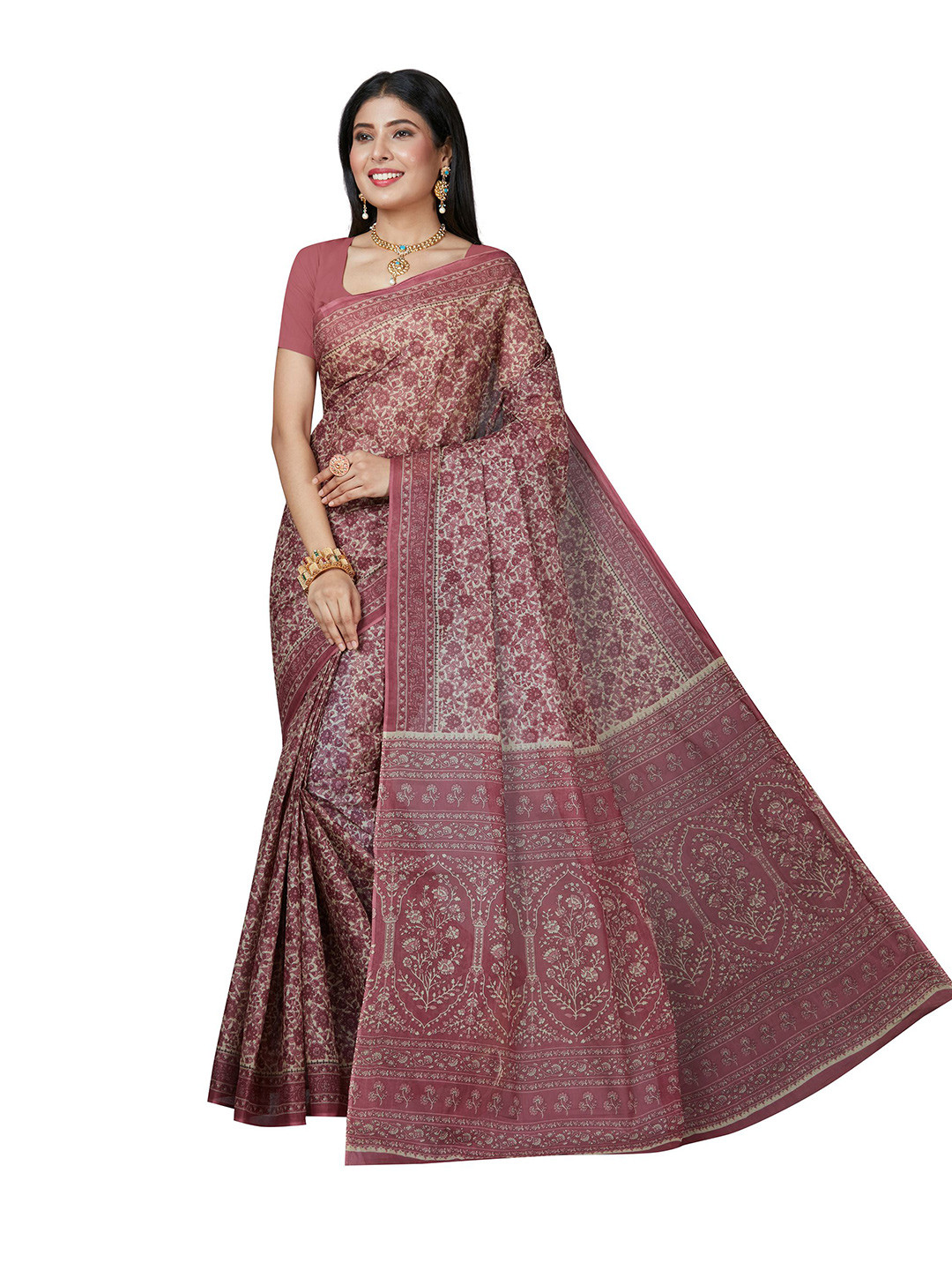

SHANVIKA Pink & Cream-Coloured Floral Pure Cotton Block Print Saree