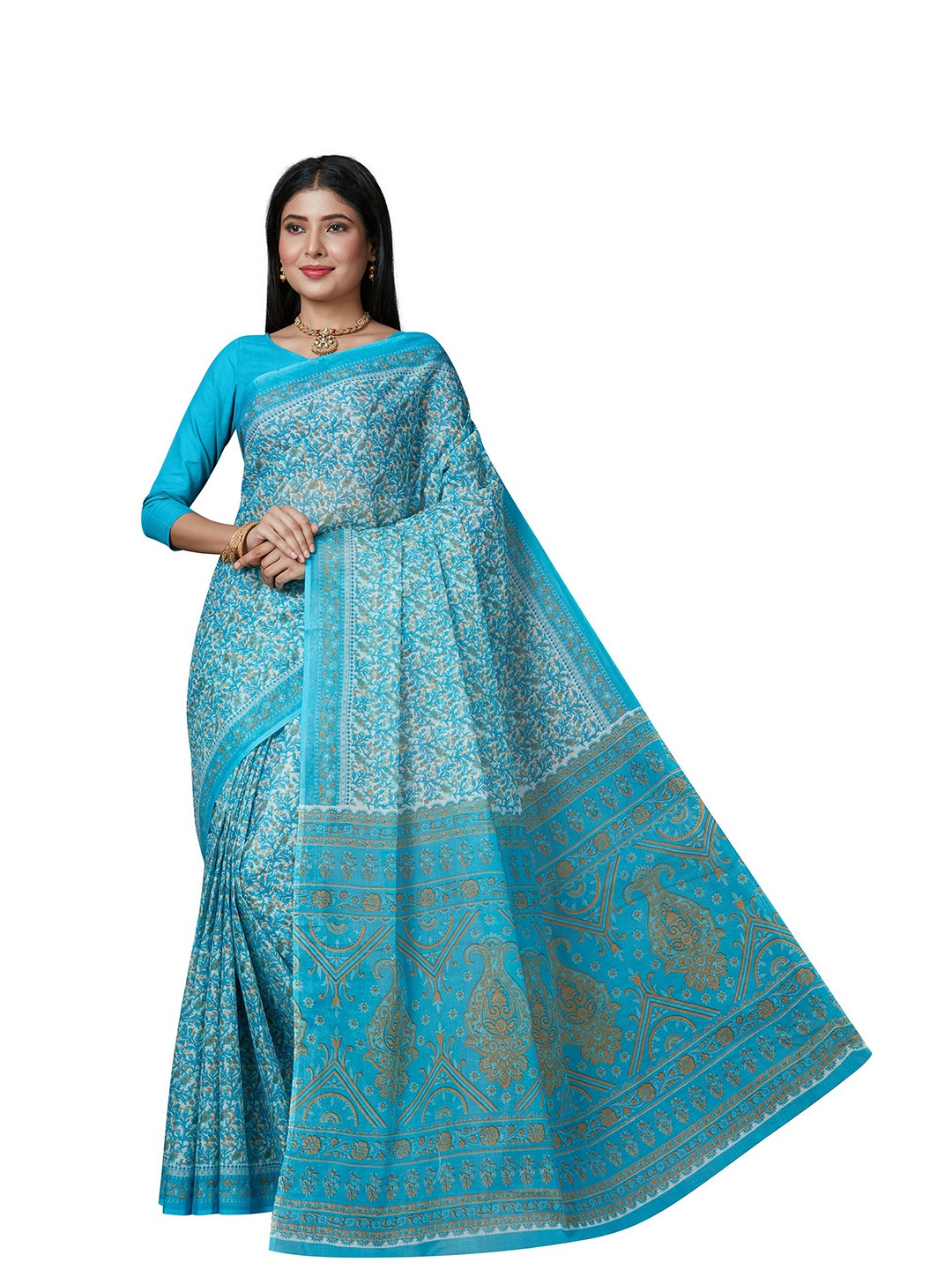 

SHANVIKA Women Blue & White Floral Pure Cotton Block Print Saree