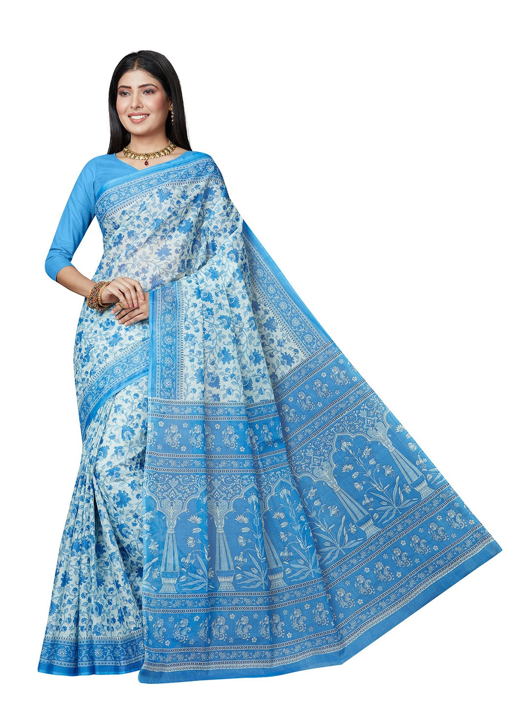 

SHANVIKA Blue & White Floral Pure Cotton Block Print Saree