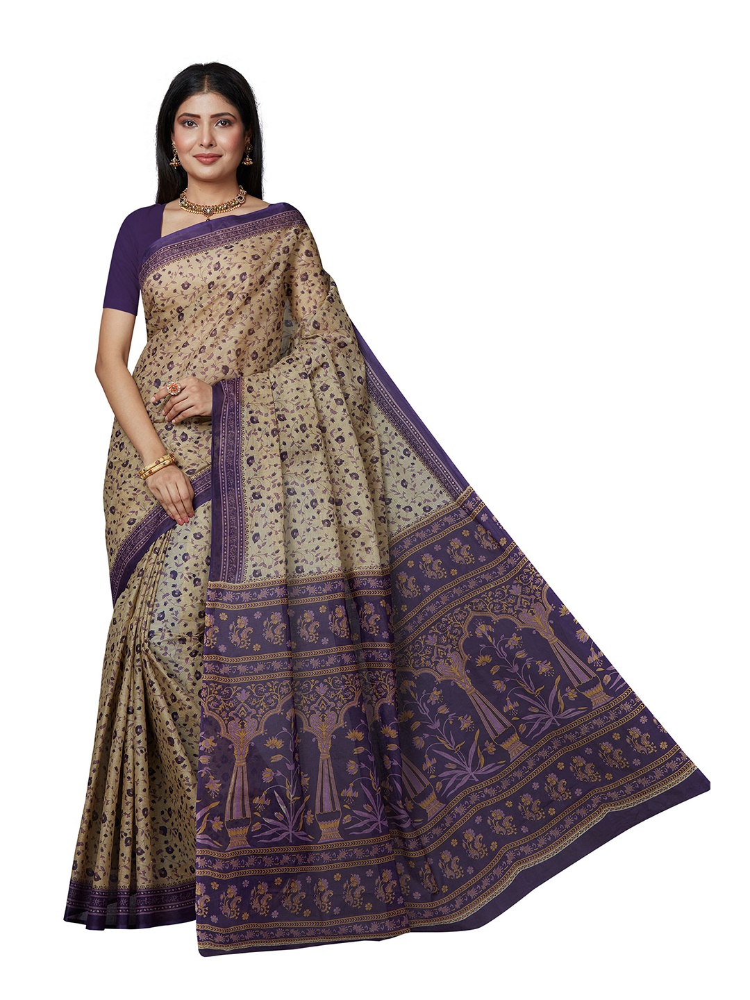 

SHANVIKA Beige & Purple Floral Pure Cotton Block Print Saree