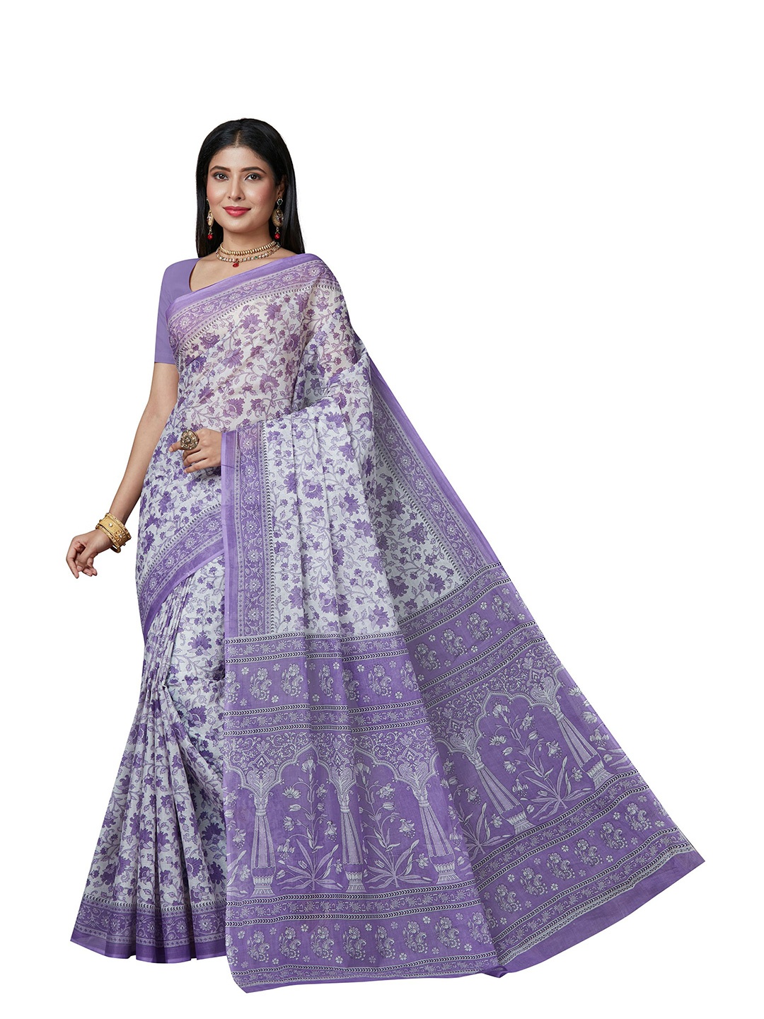 

SHANVIKA Lavender & White Floral Pure Cotton Block Print Saree