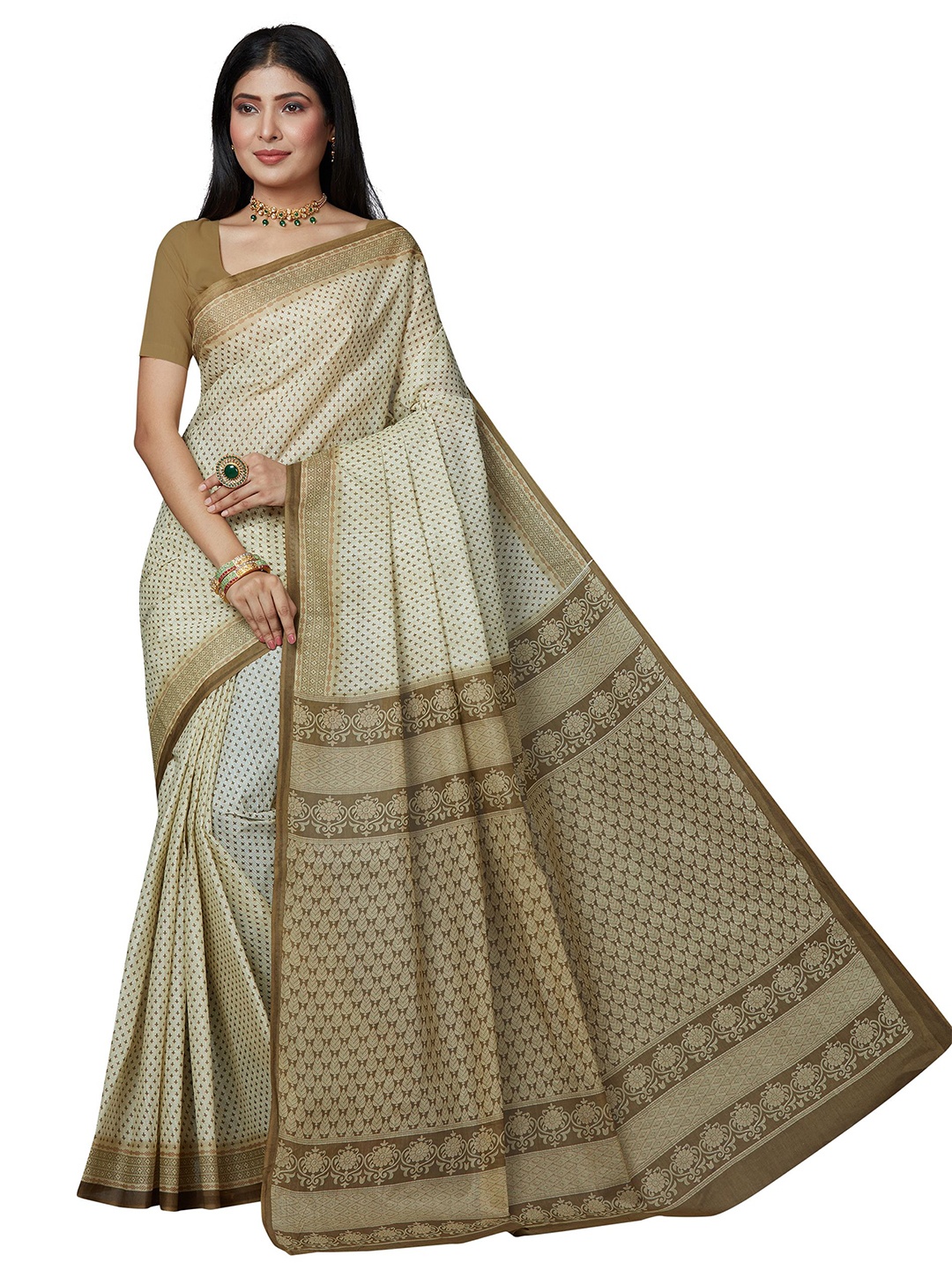 

SHANVIKA Beige & Brown Ethnic Motifs Pure Cotton Block Print Saree