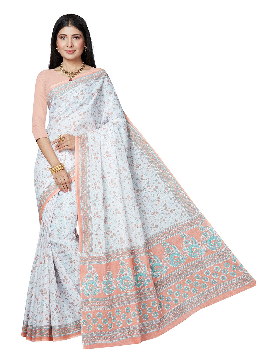 

SHANVIKA White & Peach-Coloured Floral Pure Cotton Block Print Saree
