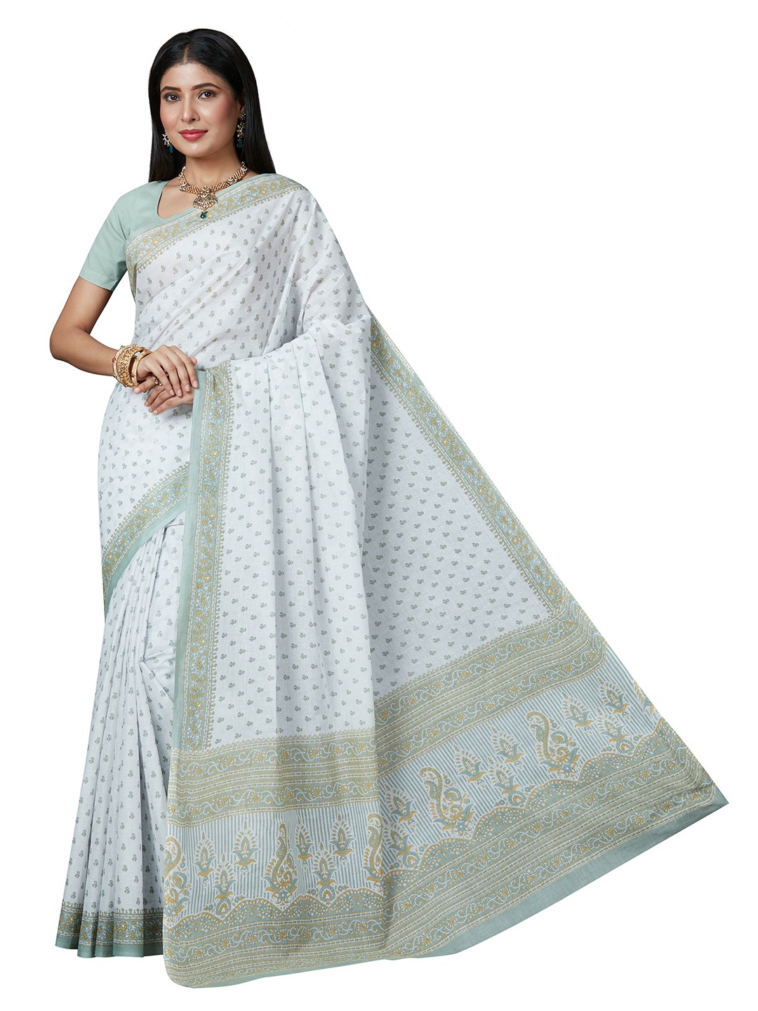 

SHANVIKA White & Grey Ethnic Motifs Pure Cotton Block Print Saree