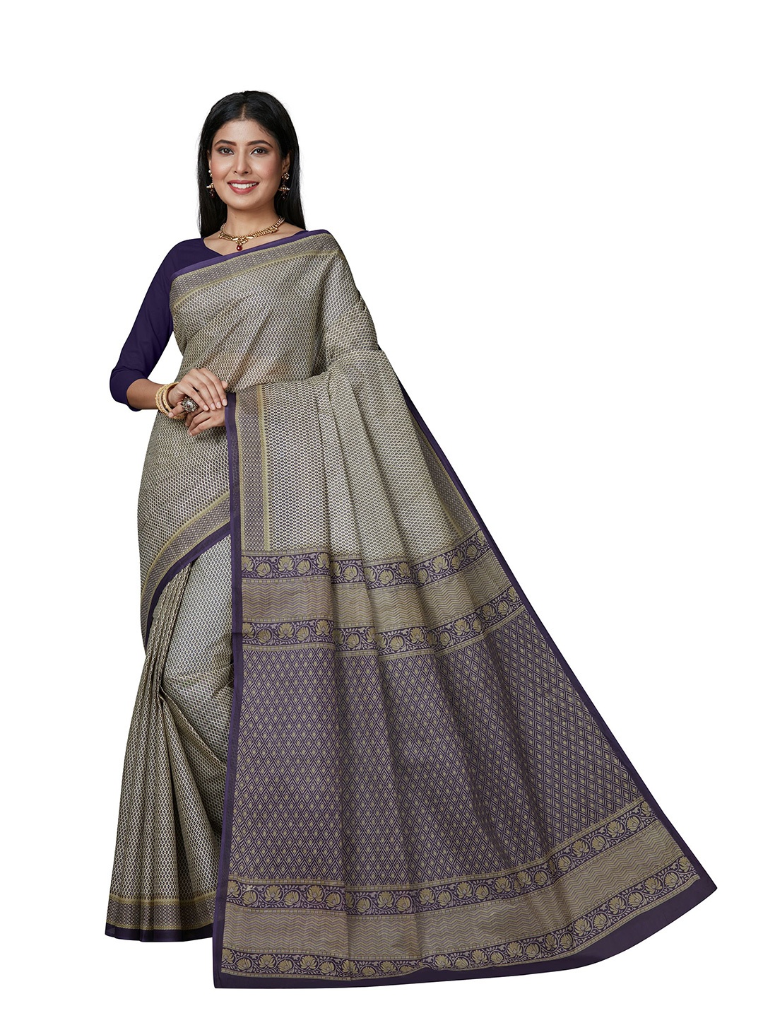 

SHANVIKA Women Beige & Purple Pure Cotton Block Print Saree