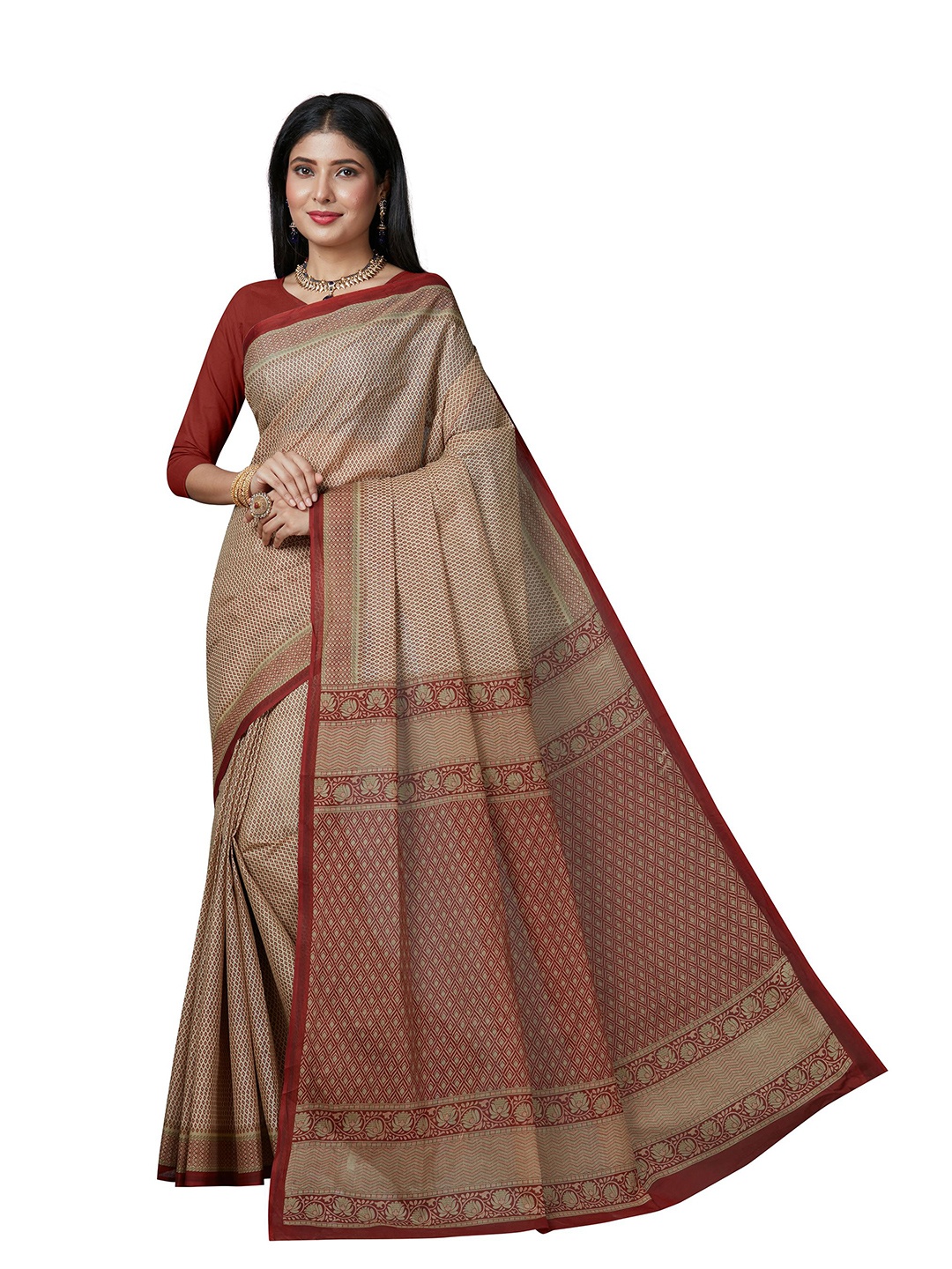 

SHANVIKA Beige & Maroon Woven Design Pure Cotton Block Print Saree