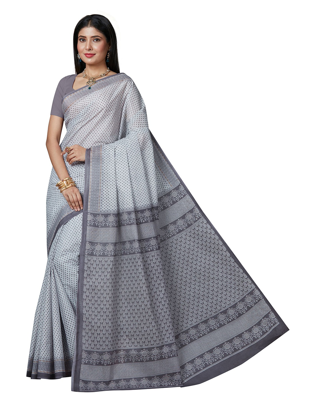 

SHANVIKA Grey & White Ethnic Motifs Pure Cotton Block Print Saree