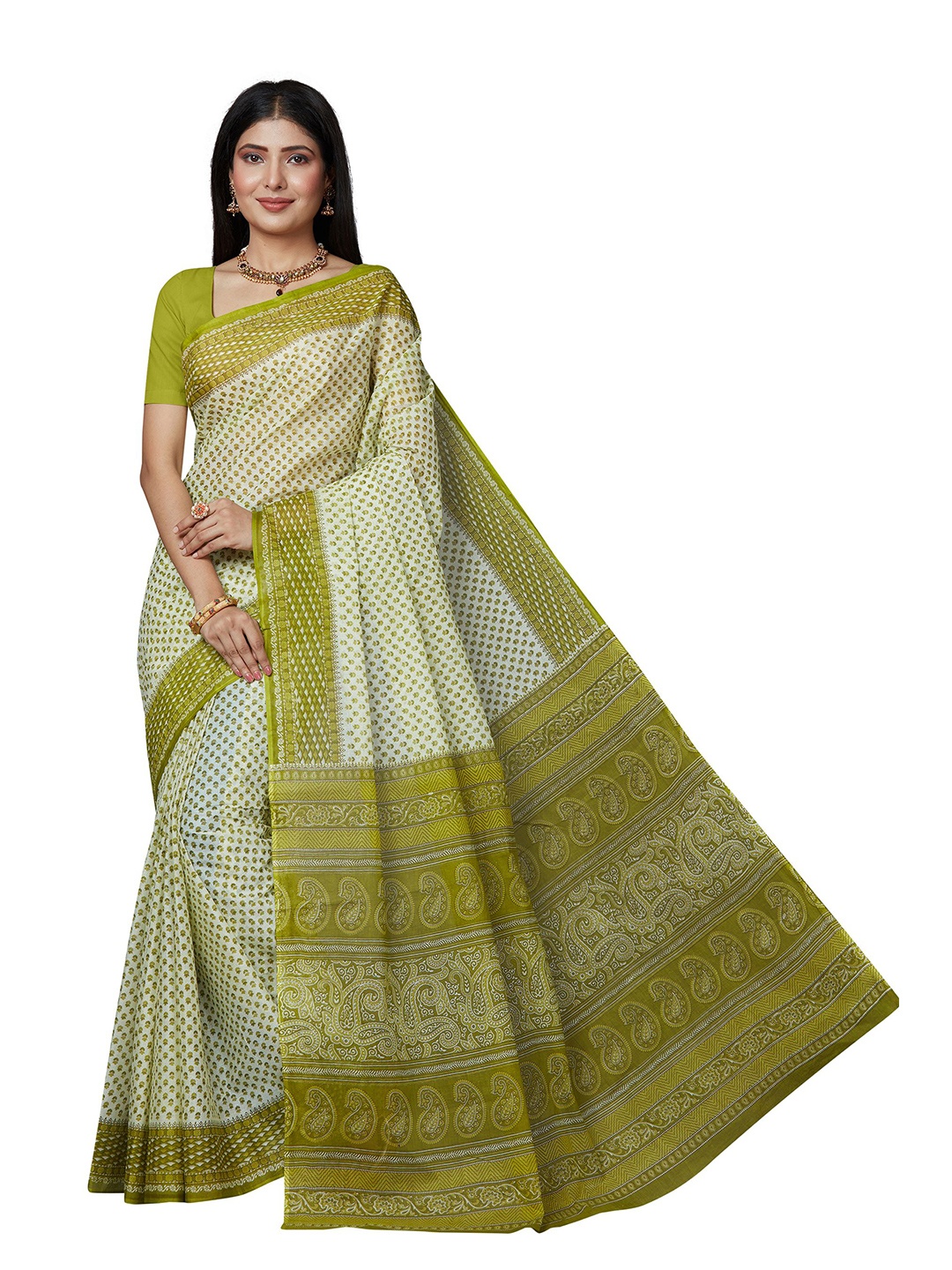 

SHANVIKA Green & Cream-Coloured Floral Pure Cotton Block Print Saree