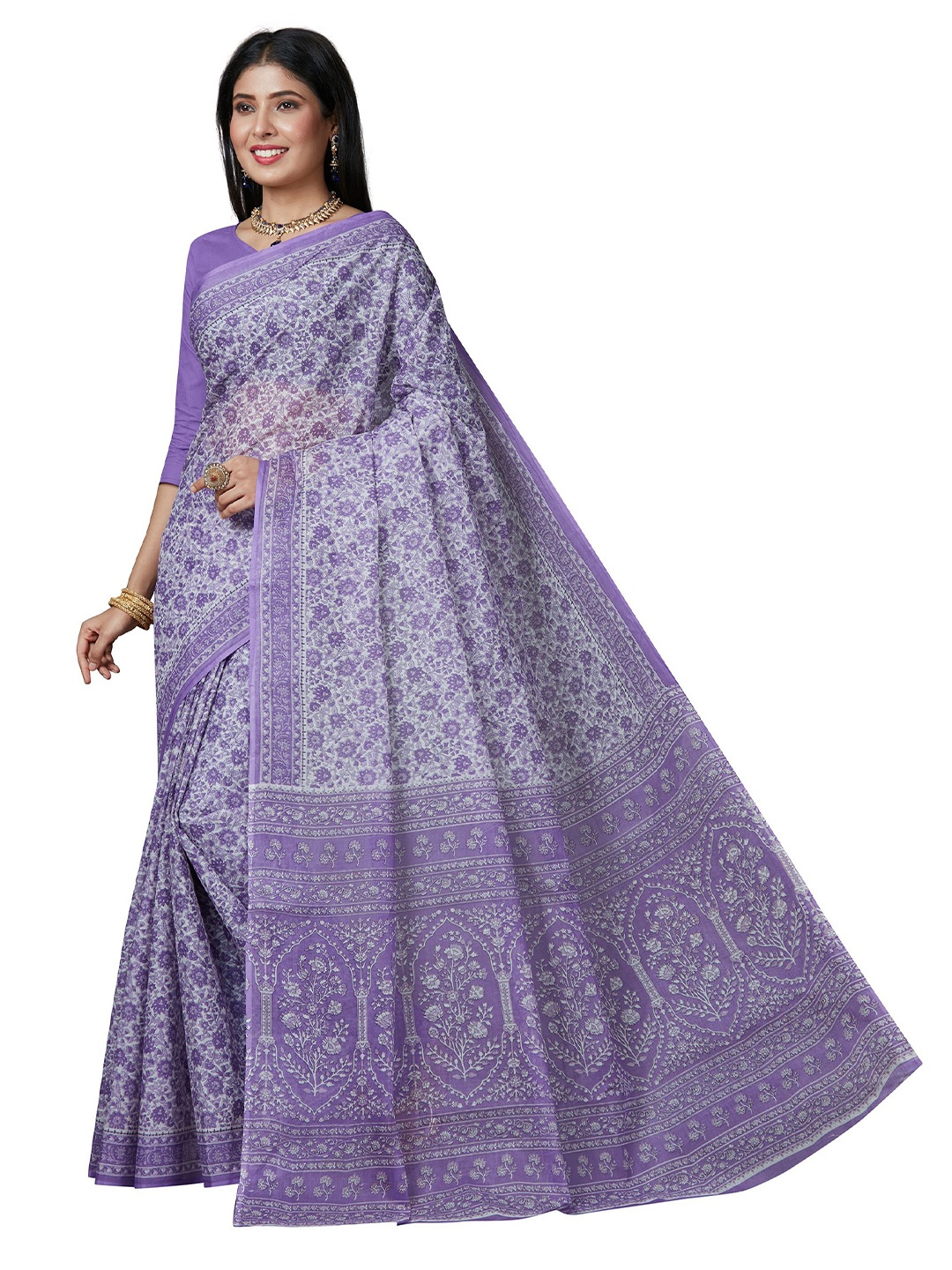

SHANVIKA Lavender & White Floral Pure Cotton Block Print Saree