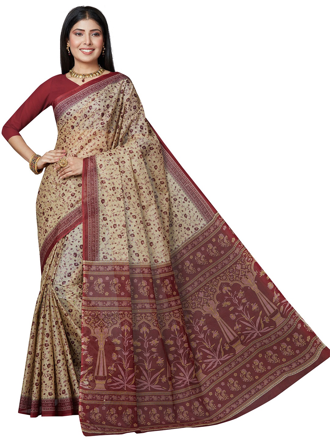 

SHANVIKA Beige & Maroon Floral Pure Cotton Block Print Saree