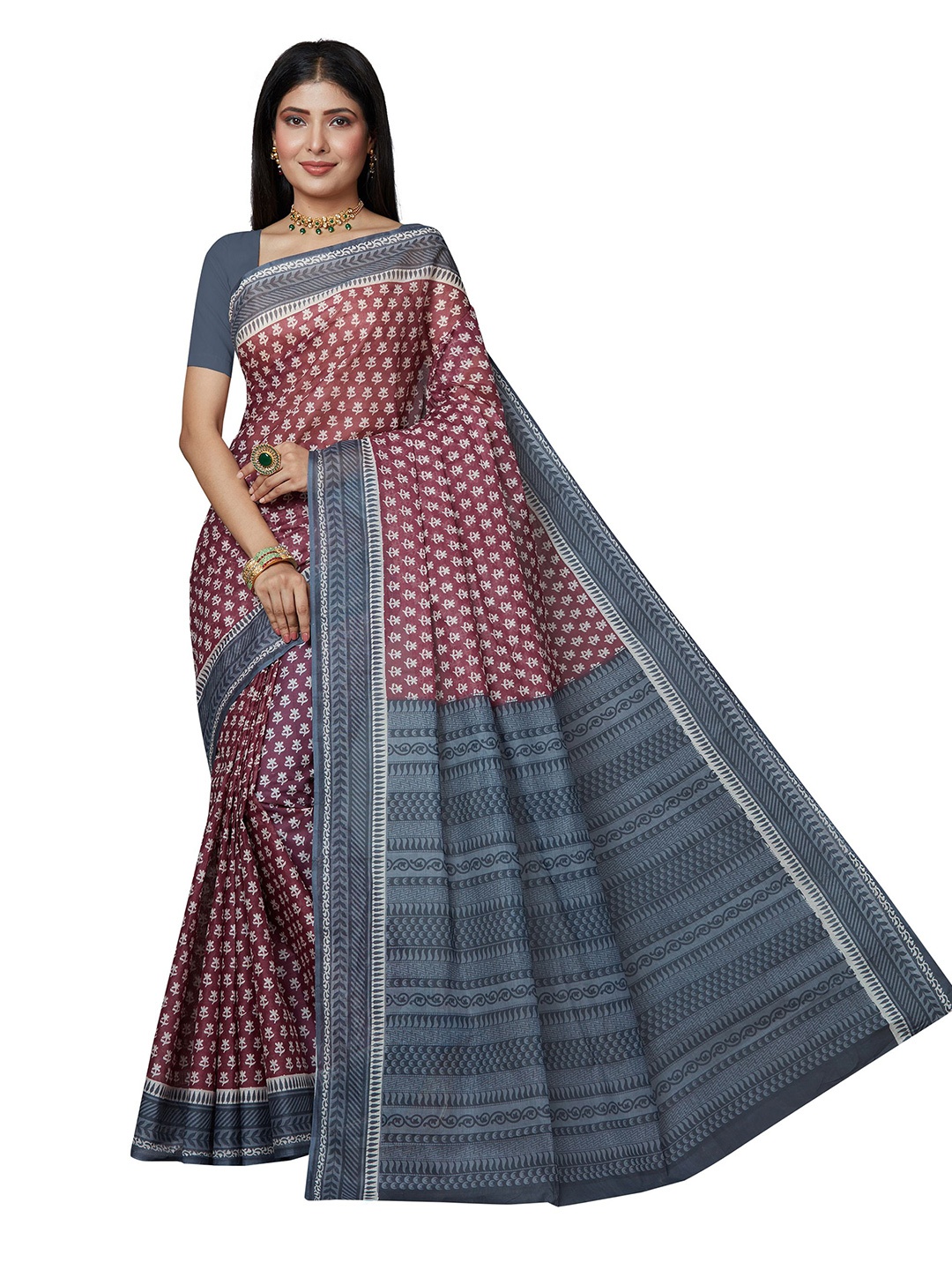 

SHANVIKA Pink & Blue Floral Pure Cotton Block Print Saree
