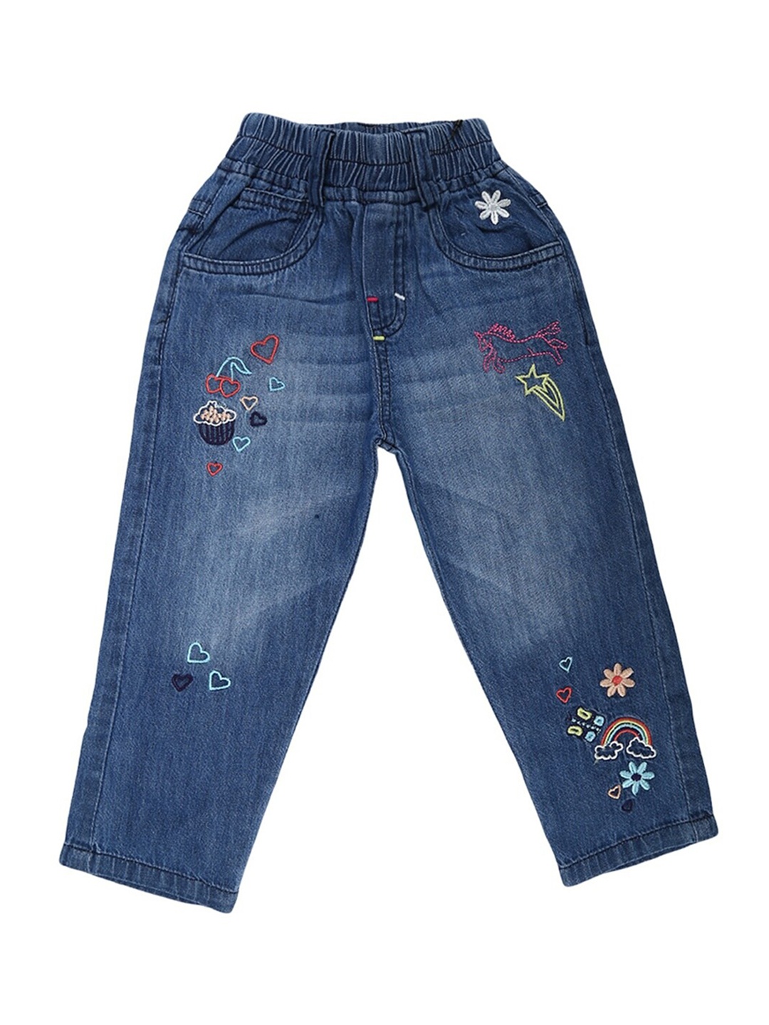 

V-Mart Unisex Kids Blue Embroidered Light Fade Jeans