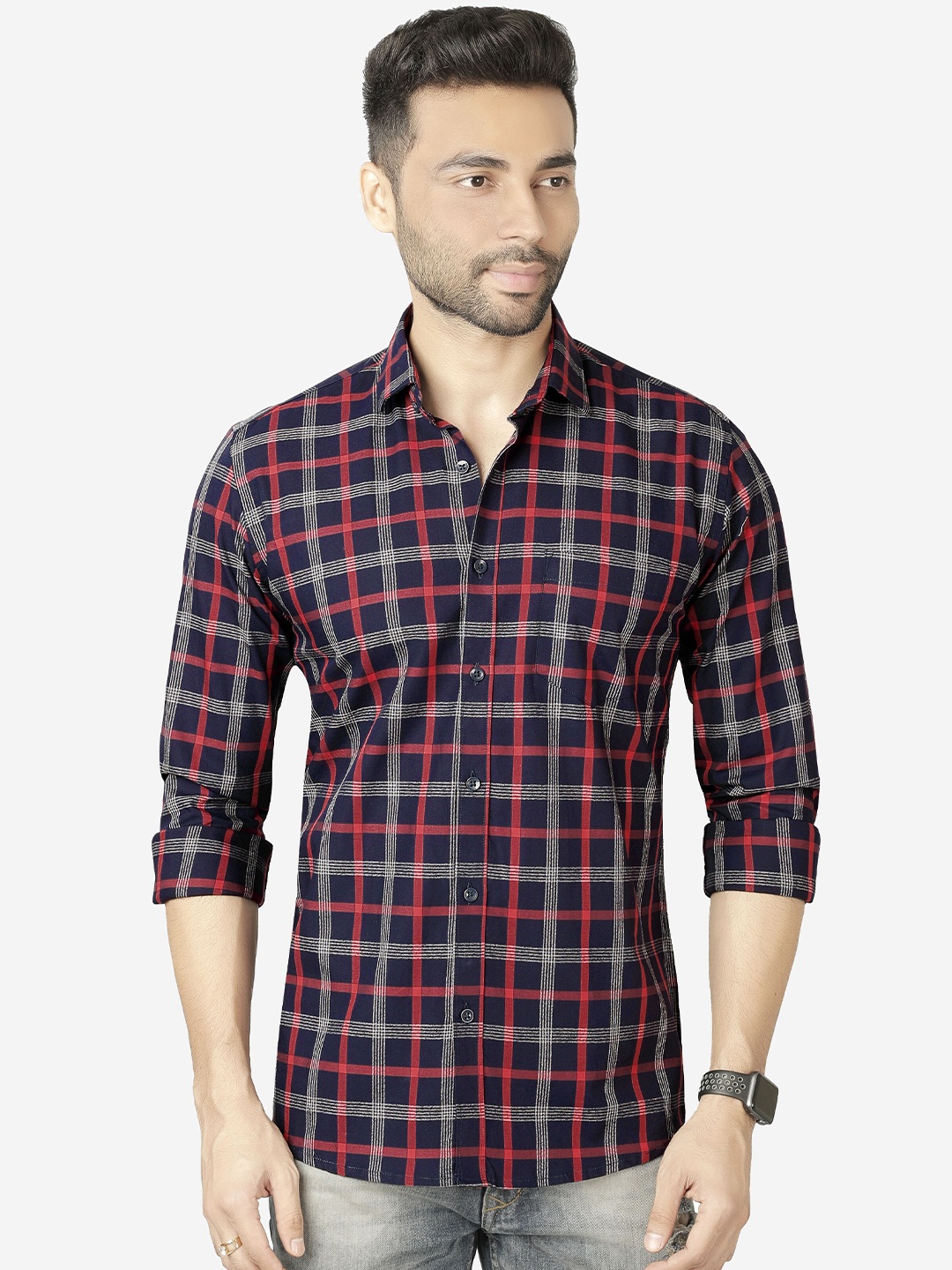 

5TH ANFOLD Men Navy Blue Slim Fit Tartan Checks Checked Casual Shirt