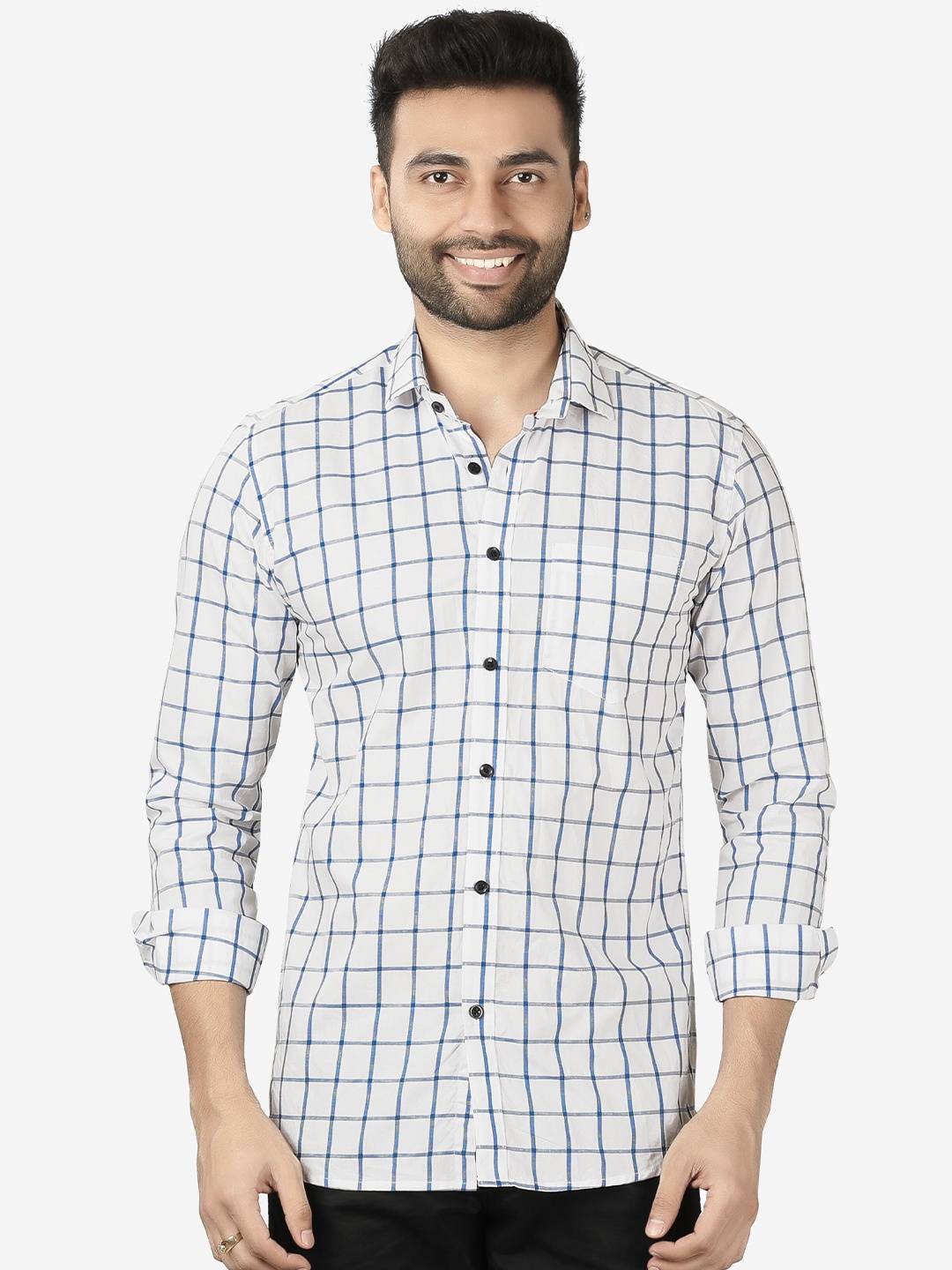 

5TH ANFOLD Men White Slim Fit Checked Pure Cotton Casual Shirt