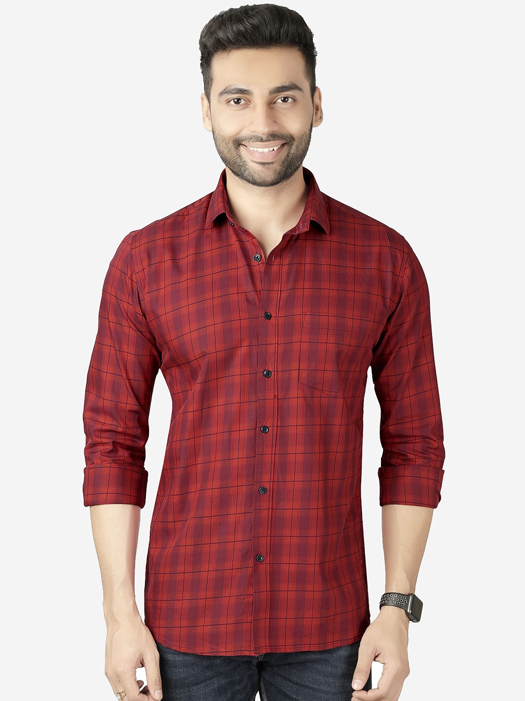 

5TH ANFOLD Men Red Slim Fit Checked Long Sleeves Casual Shirt