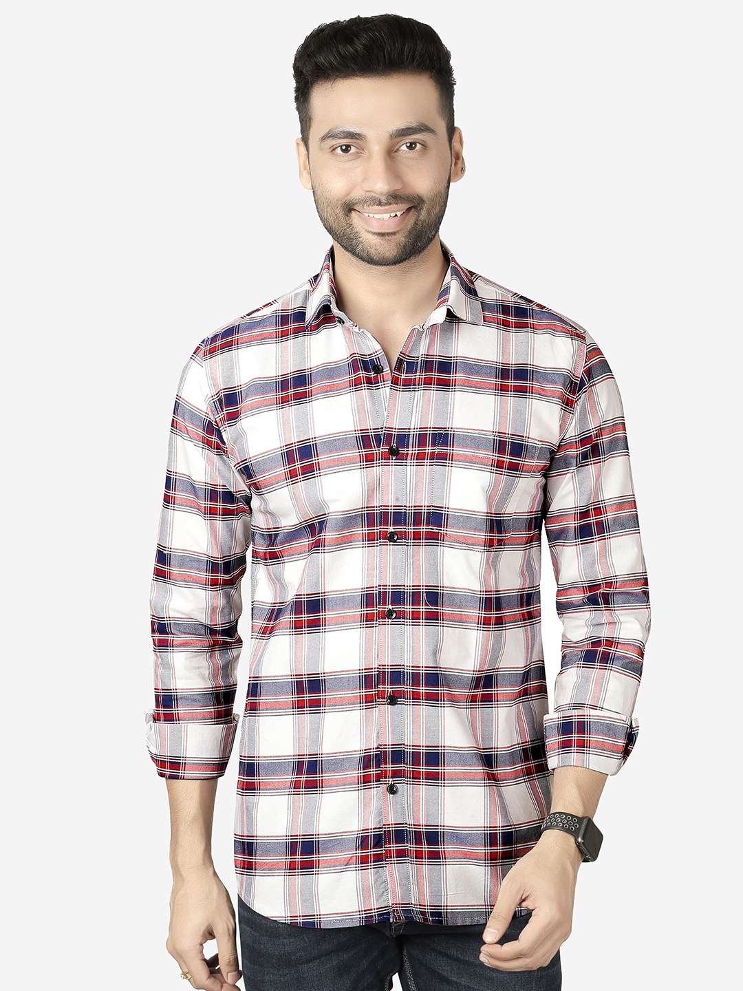

5TH ANFOLD Men White Slim Fit Checked Casual Shirt