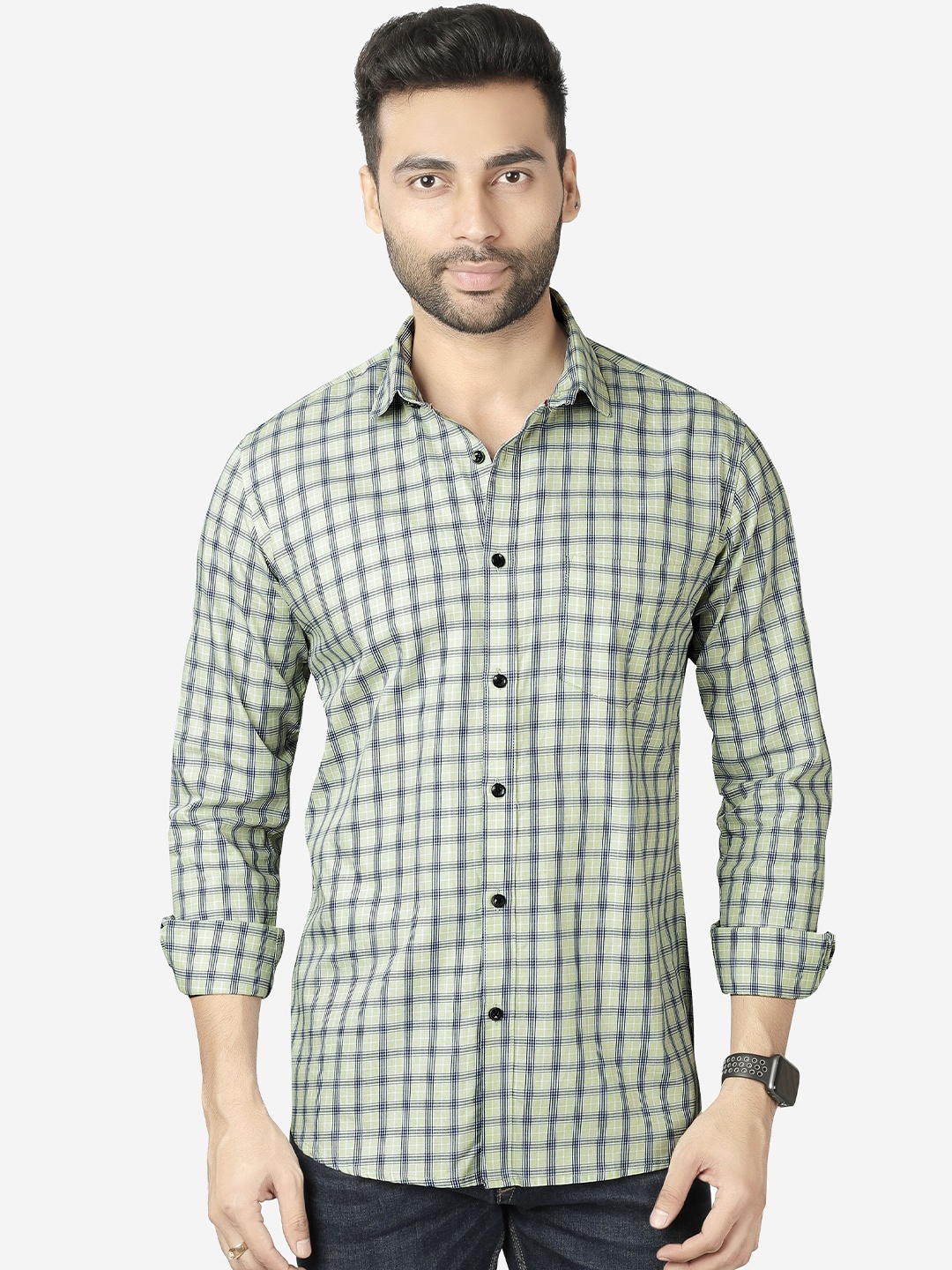 

5TH ANFOLD Men Green Slim Fit Checked Casual Shirt