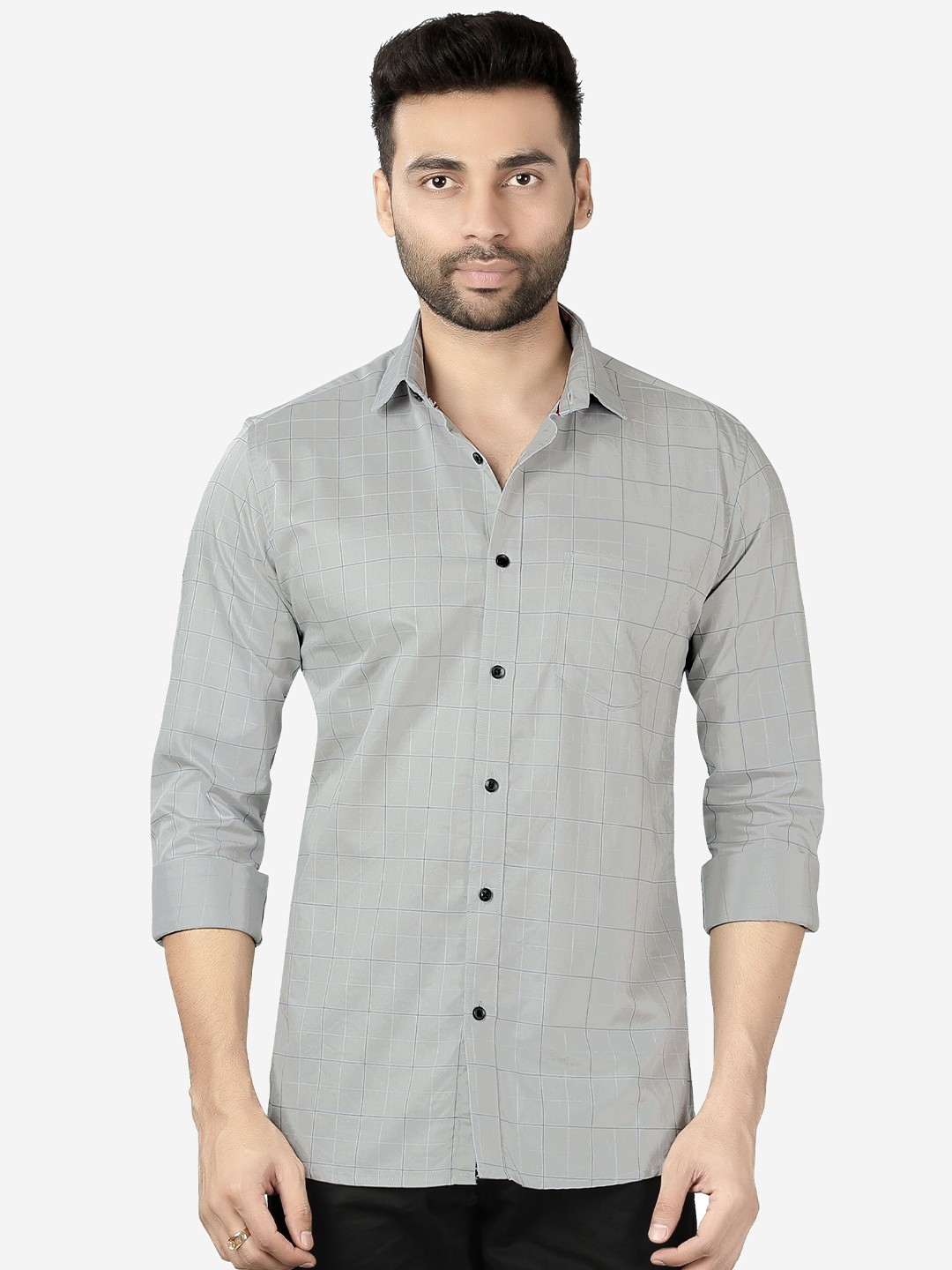 

5TH ANFOLD Men Grey Slim Fit Checked Pure Cotton Casual Shirt