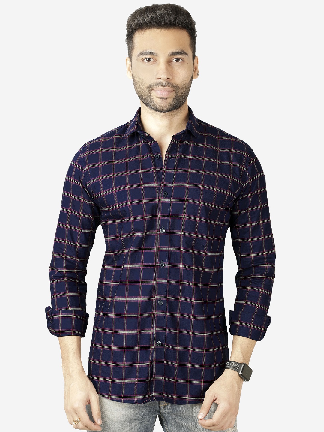 

5TH ANFOLD Men Navy Blue Slim Fit Checked Casual Shirt