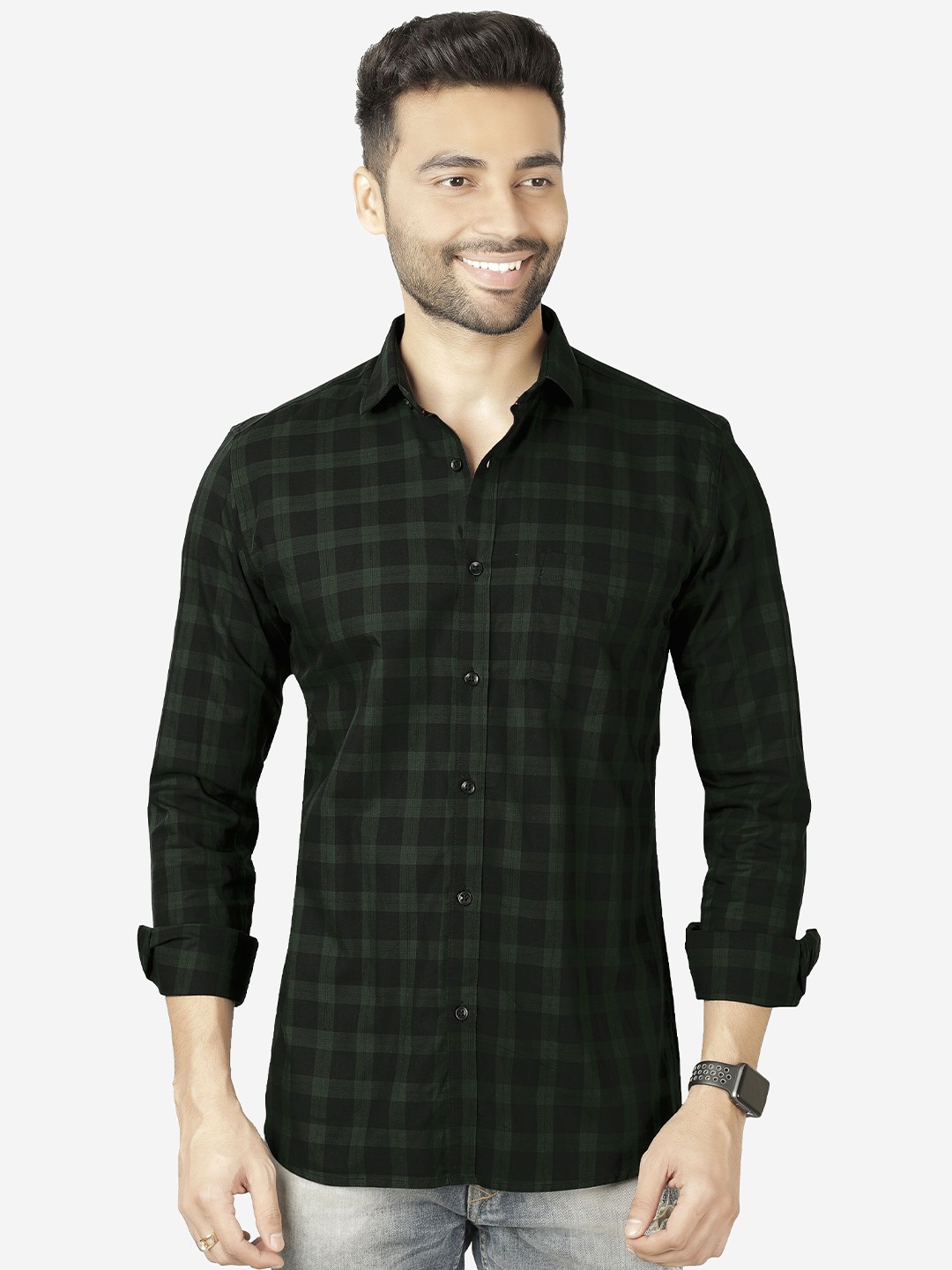 

5TH ANFOLD Men Black & Green Slim Fit Checked Casual Shirt