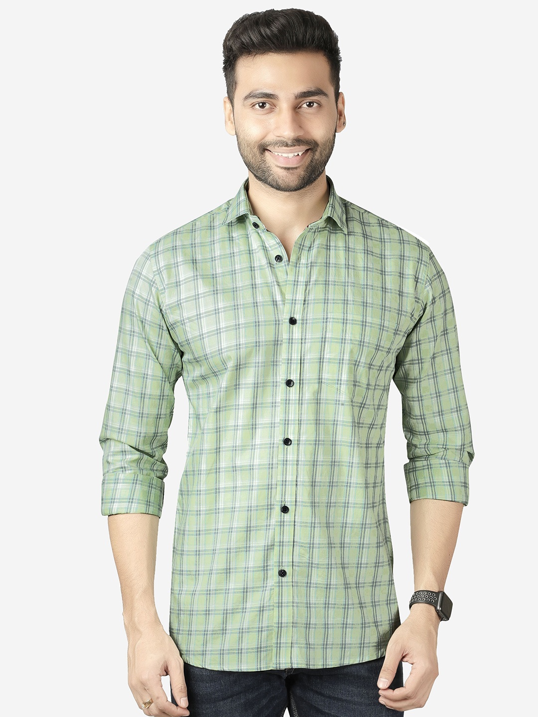 

5TH ANFOLD Men Green Slim Fit Checked Casual Shirt