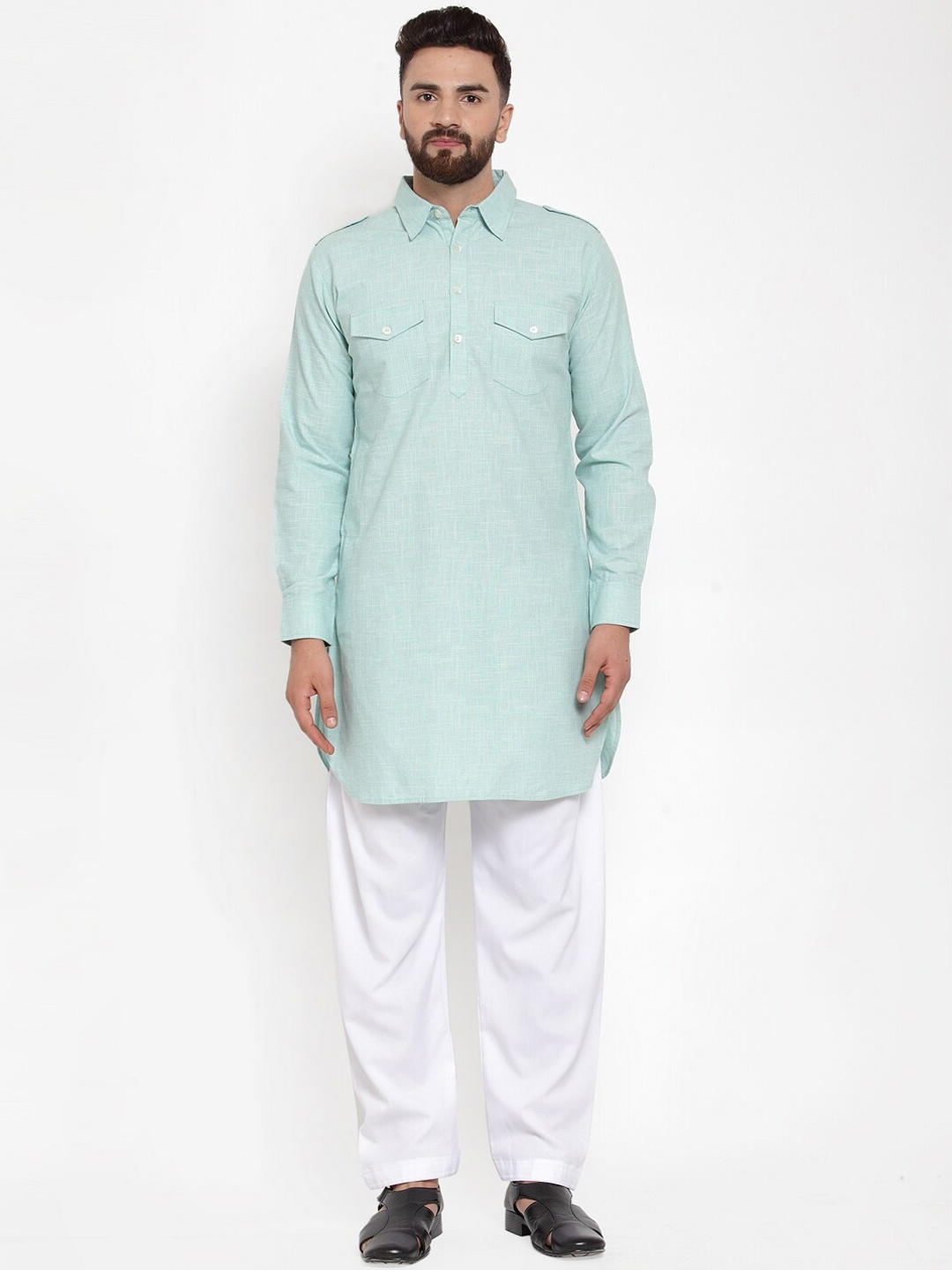 

Purple State Men Sea Green Chikankari Patchwork Pathani Kurta