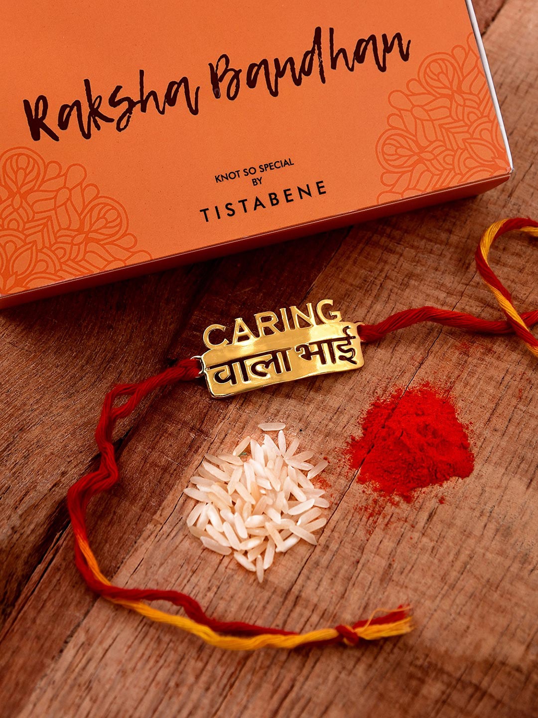 

Tistabene Men Gold-Toned & Red Caring Vala Bhai Hindi English Design Name Beaded Rakhi