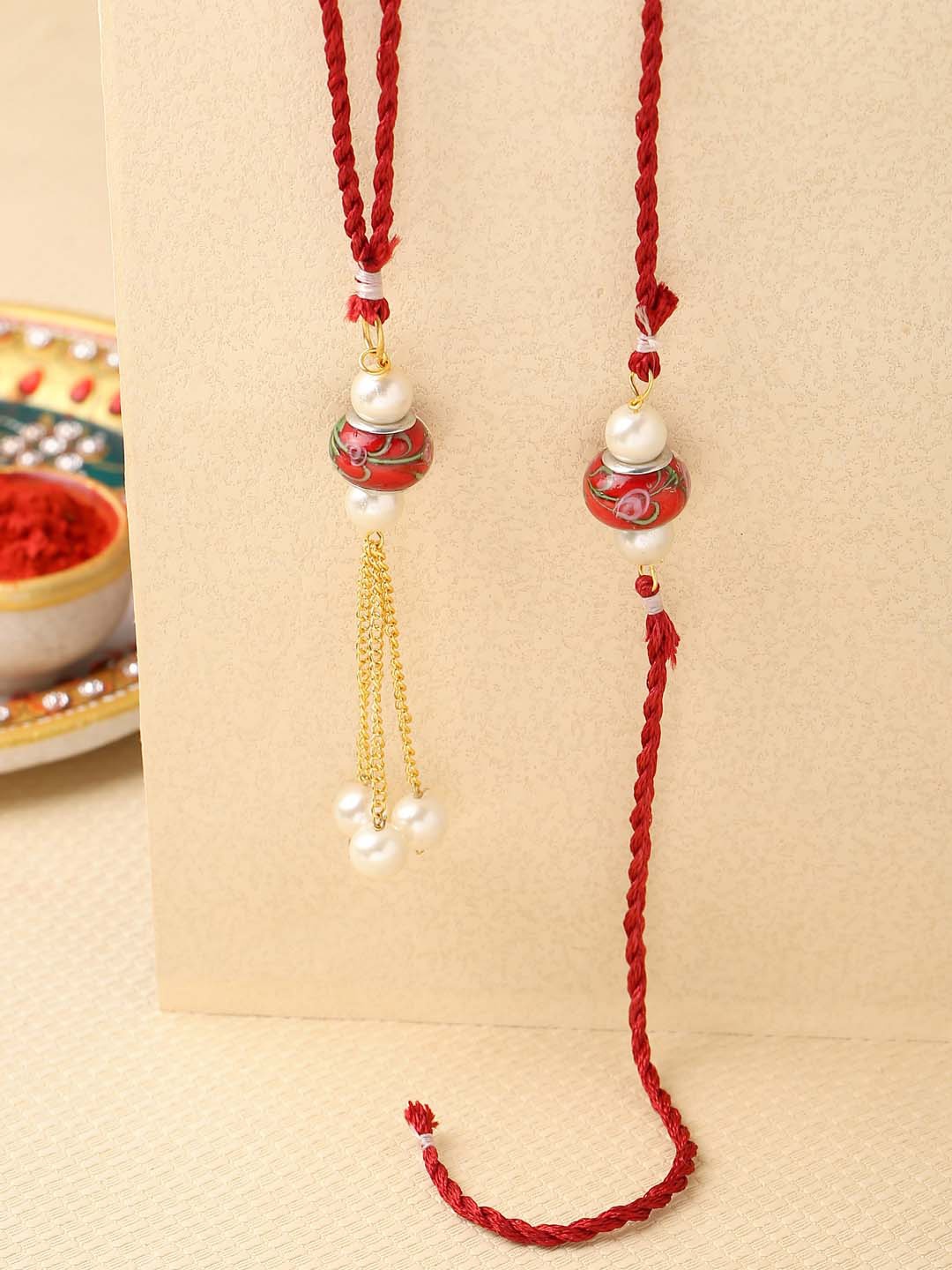 

Tistabene Contemporary Stone Set of 2 Bhaiya Bhabhi Rakhi, Red