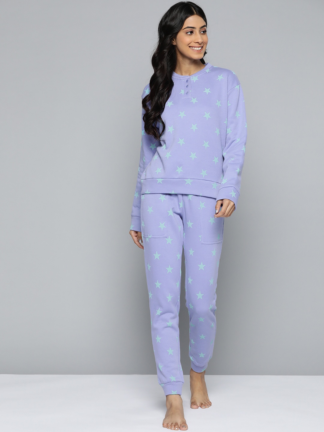 

VividArtsy Women Purple Pure Cotton Printed Pyjama Set, Blue