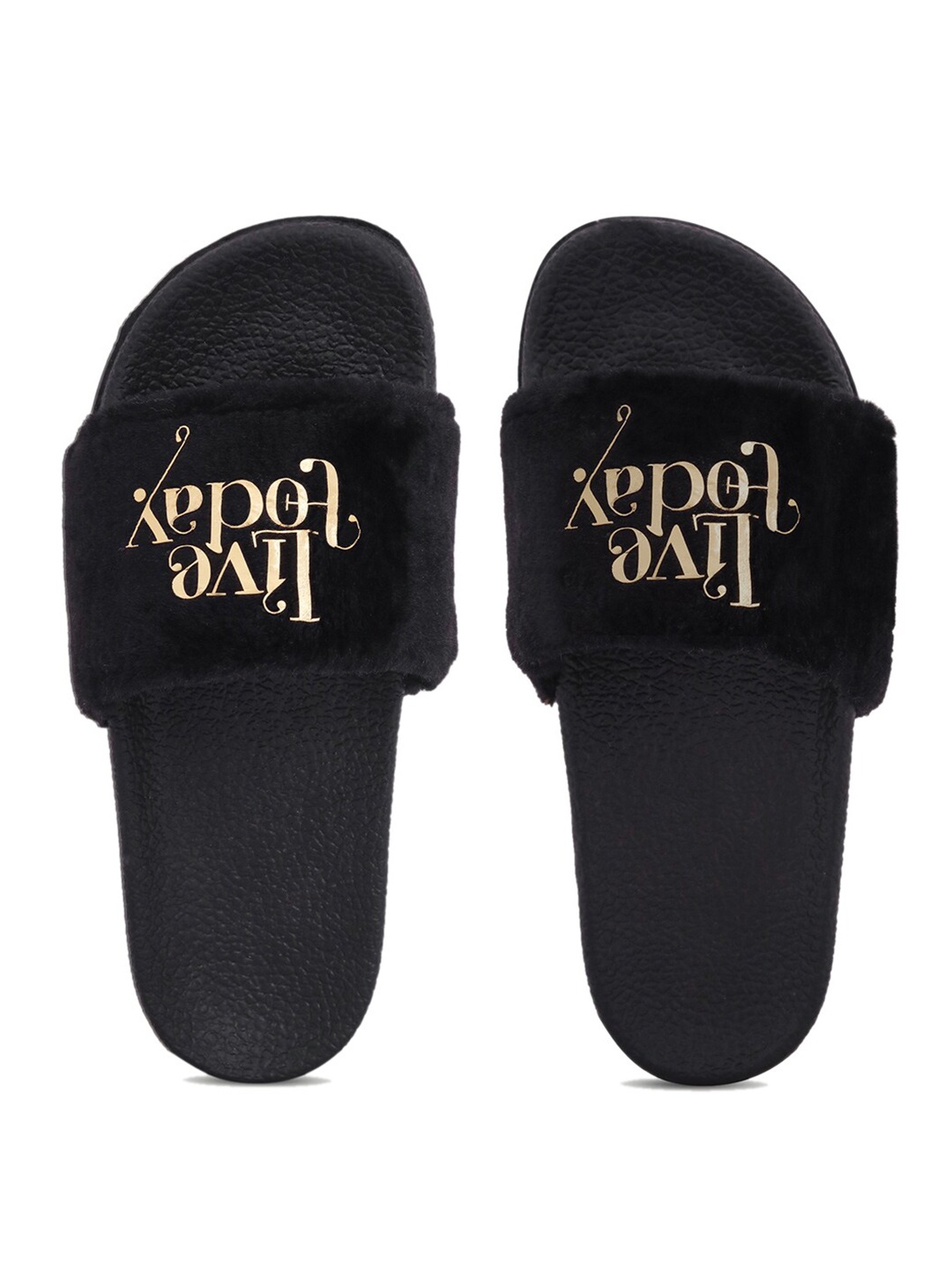 

AMACLASS Women Black & Gold-Toned Printed Sliders