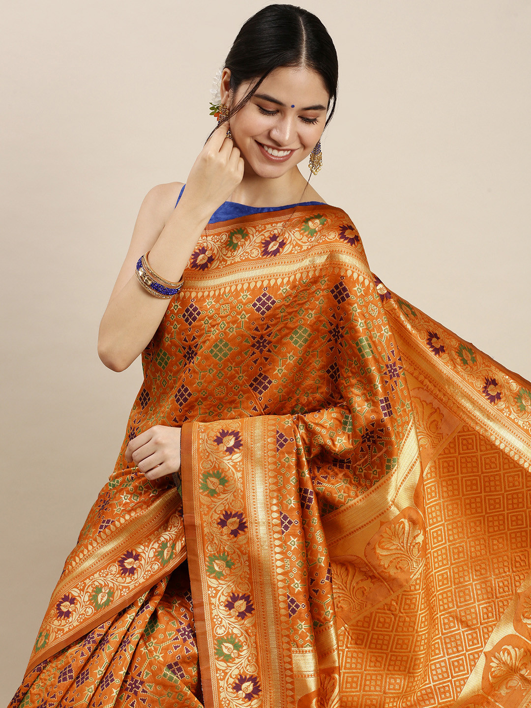 

Lookslady Orange & Green Zari Art Silk Banarasi Saree