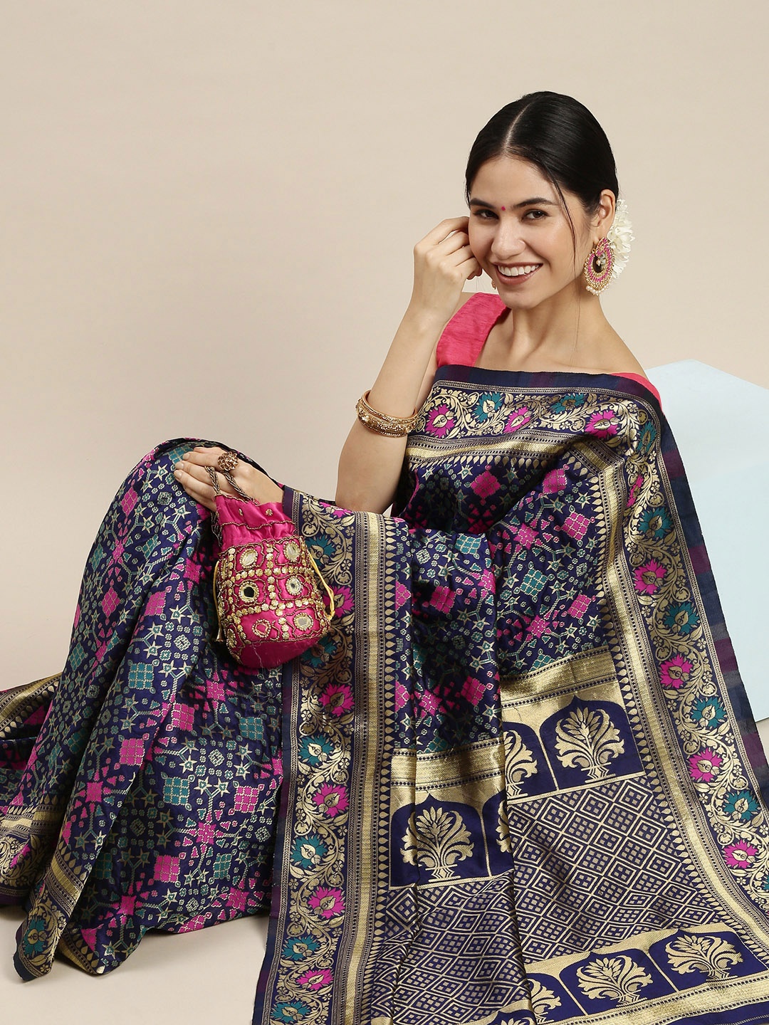 

Lookslady Navy Blue & Pink Zari Art Silk Banarasi Saree