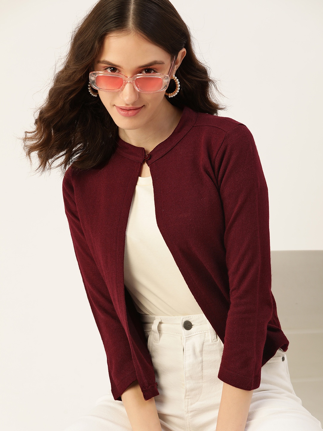 

DressBerry Women Burgundy Solid Front-Open Acrylic Sweater
