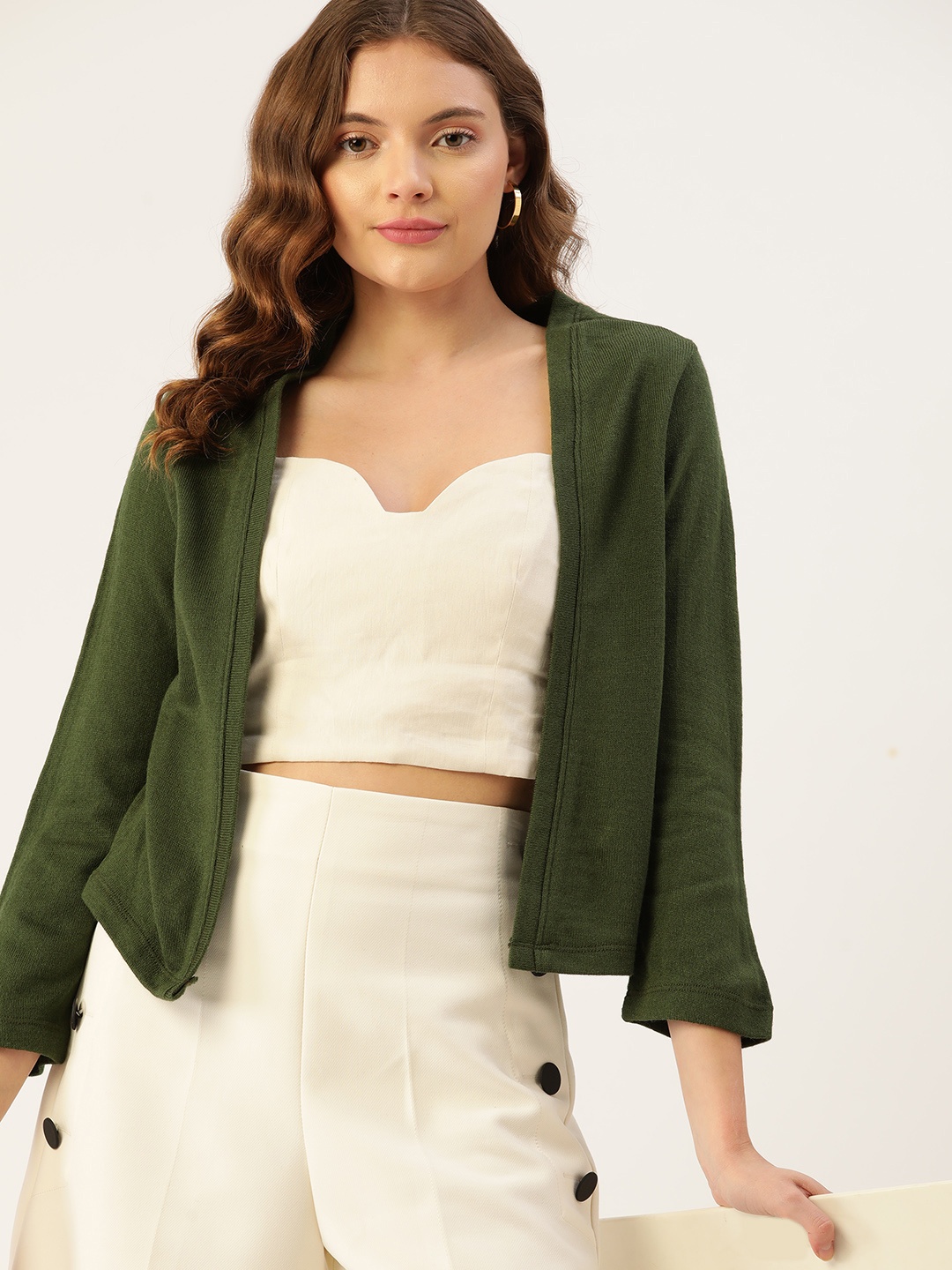

DressBerry Women Olive Green Solid Front-Open Acrylic Sweater