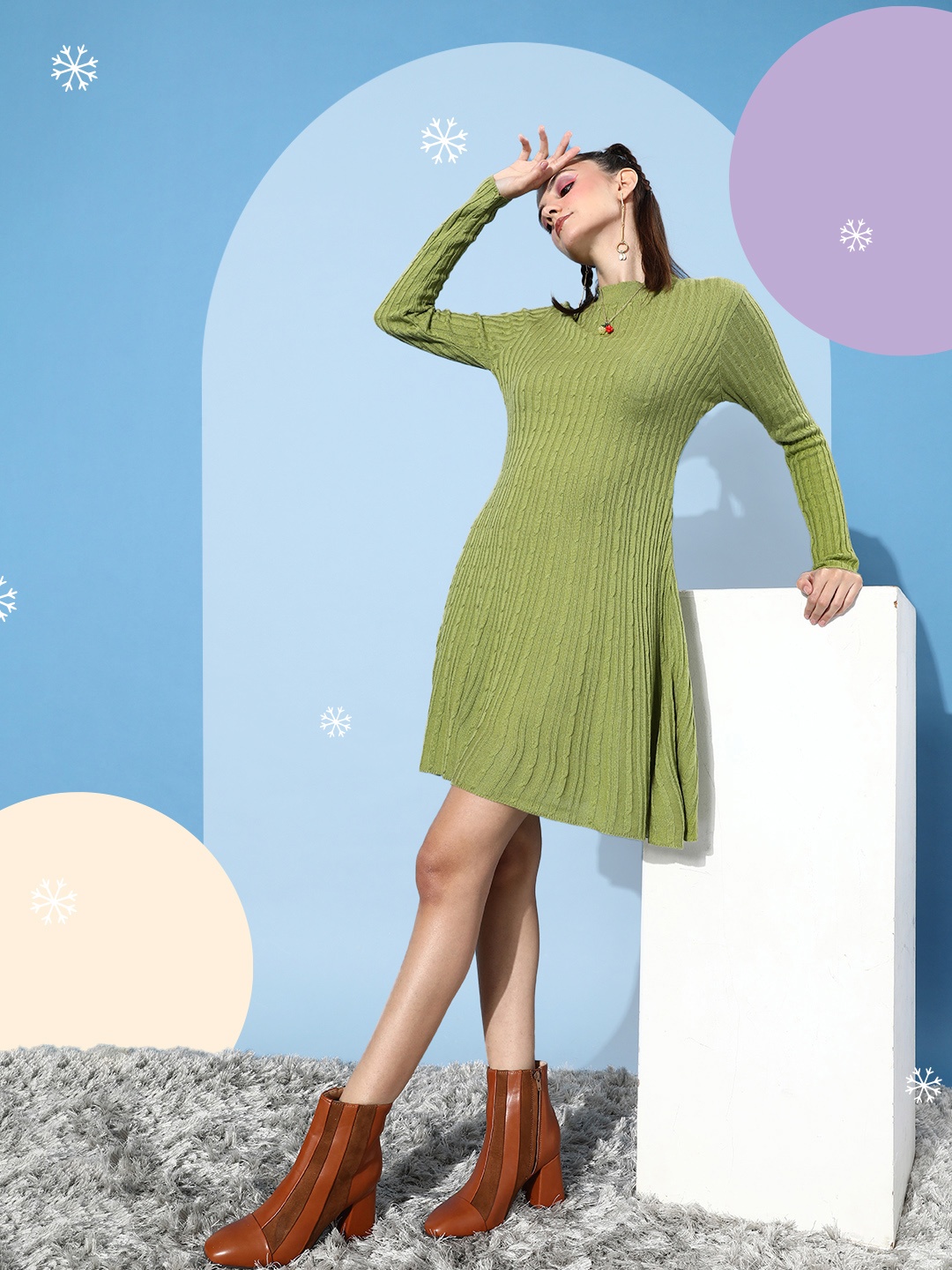 

DressBerry Green Self Design Knitted A-Line Dress