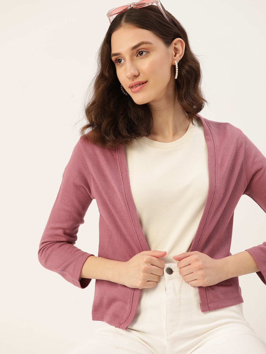 

DressBerry Women Mauve Solid Front-Open Acrylic Sweater