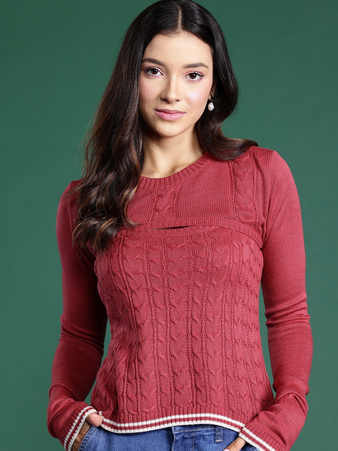 

Dressberry Layered Cable Knit Acrylic Pullover with Arm Warmer Top, Red