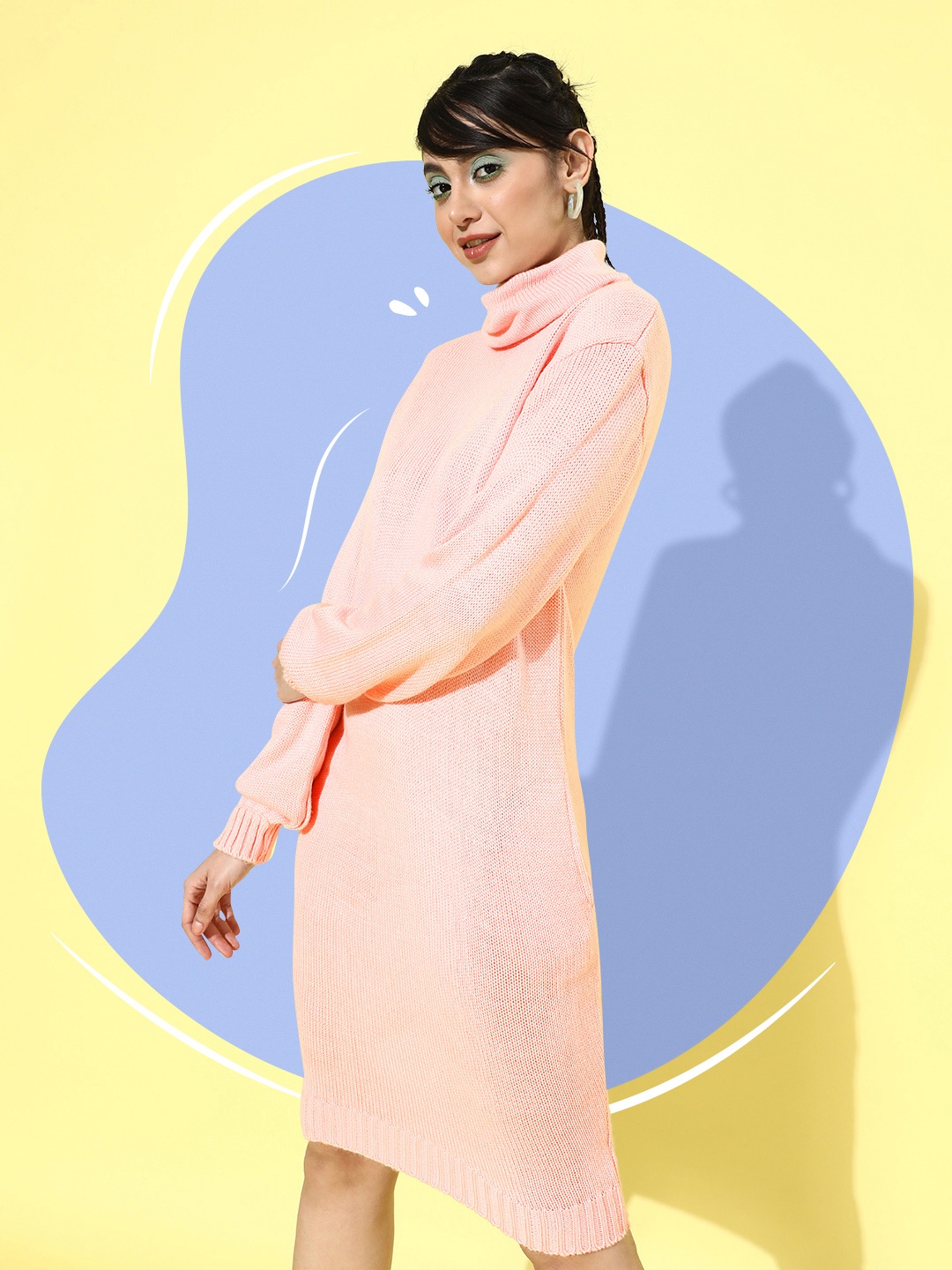 

DressBerry Peach-Coloured Self Design Turtle Neck Jumper Dress