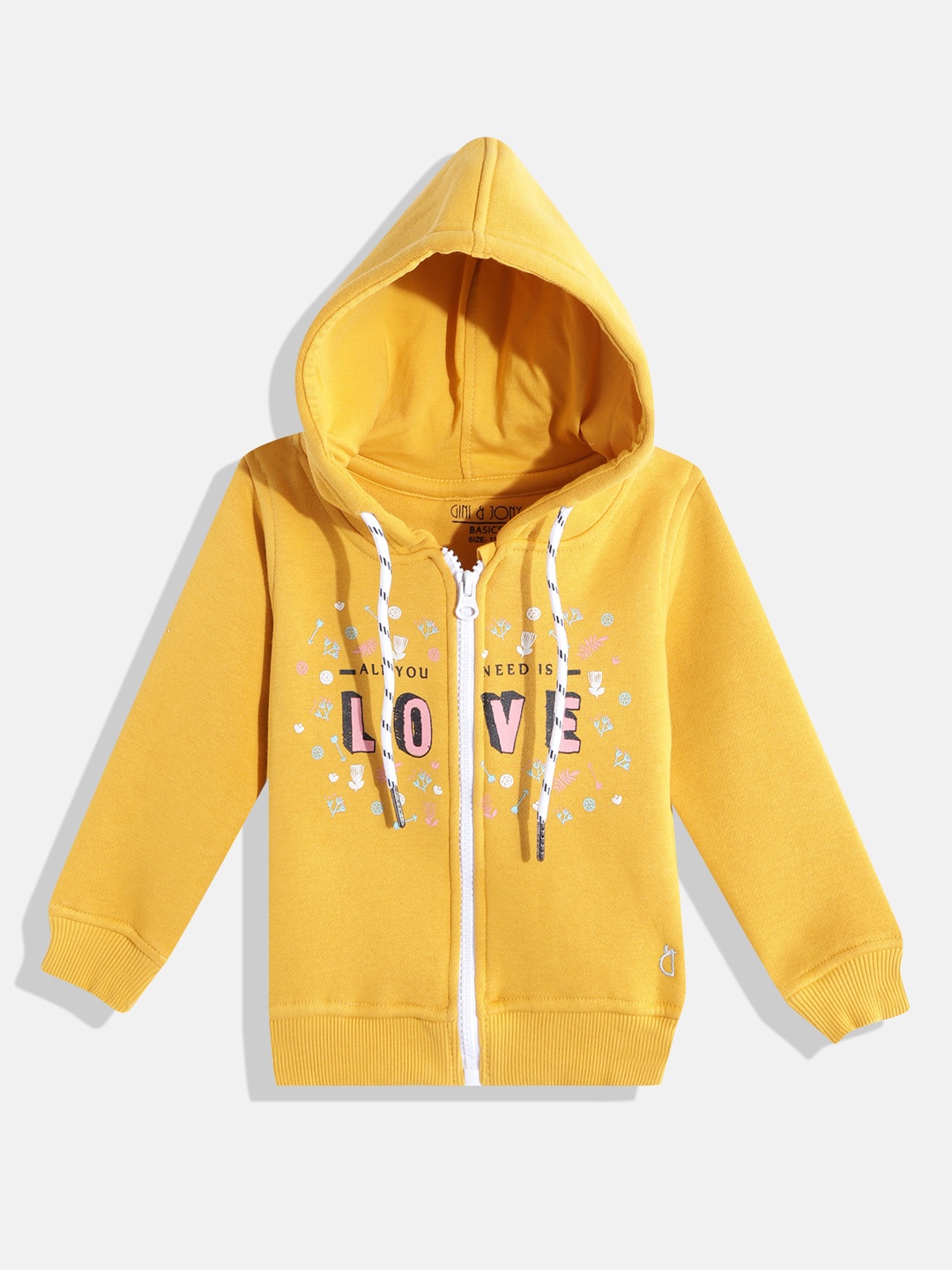 

Gini and Jony Girls Mustard Yellow & Pink Printed Hooded Sweatshirt