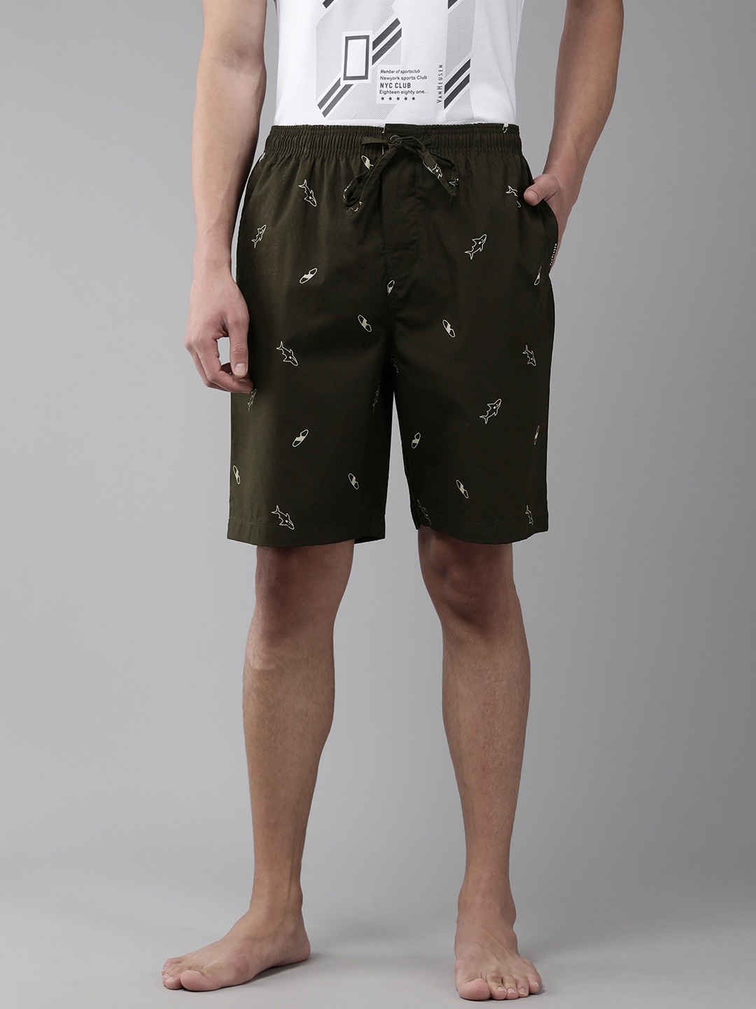 

Van Heusen Men Olive Brown Printed Pure Cotton Lounge Shorts