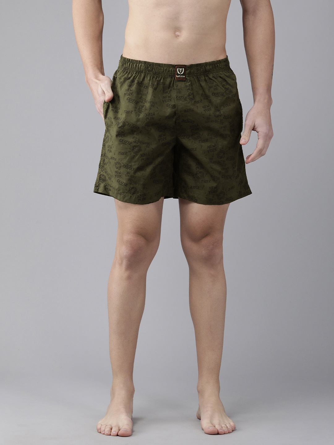 

Van Heusen Sport Men VSB09 Allover Print Media Pocket Super Soft Boxer Shortsers, Olive