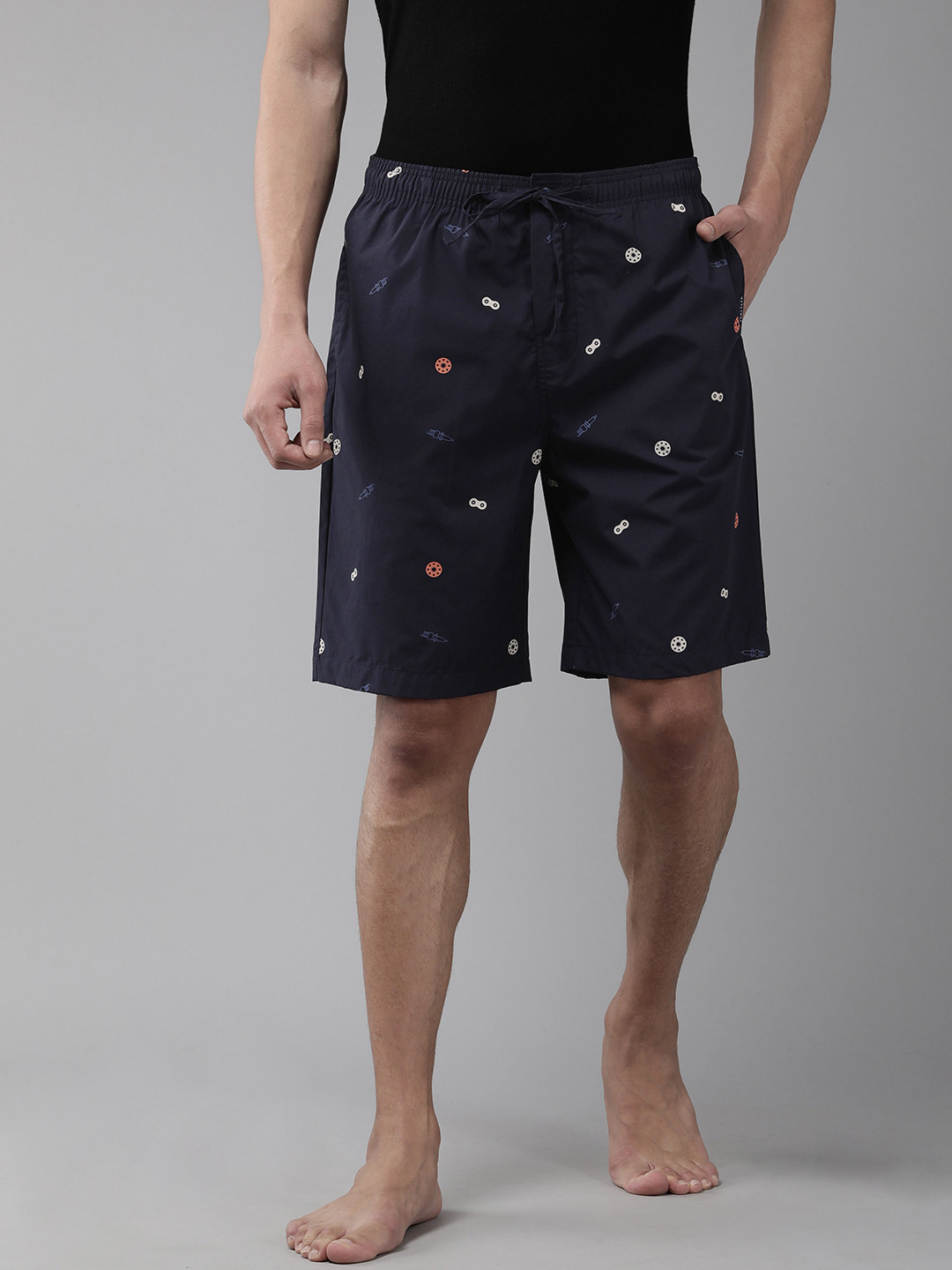 

Van Heusen Athleisure Men Printed Soft Suede Touch Functional Pocket Lounge Shorts, Navy blue